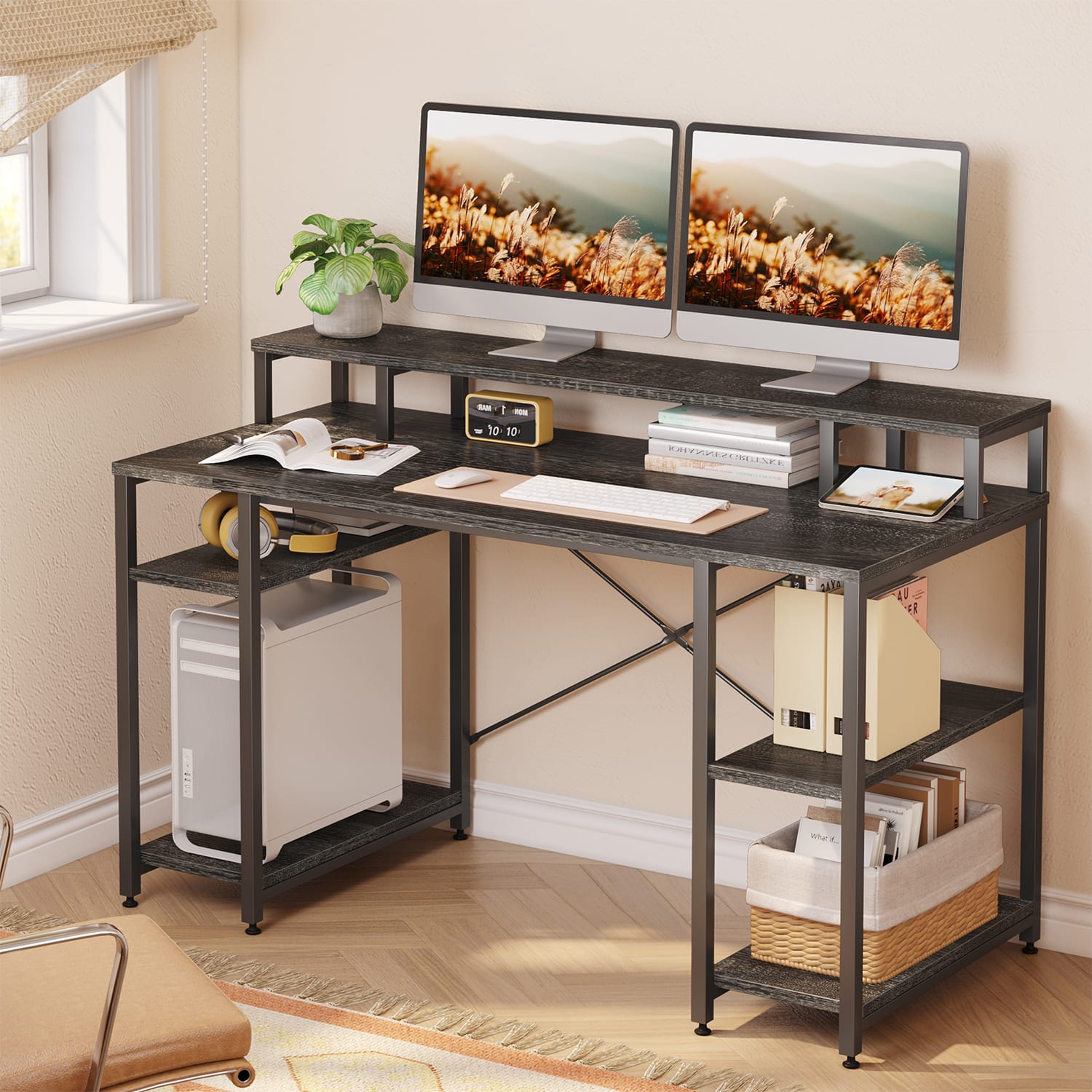 Bestier 56inW Student Desk With Monitor Stand & Storage Shelf, Charcoal - Image 6
