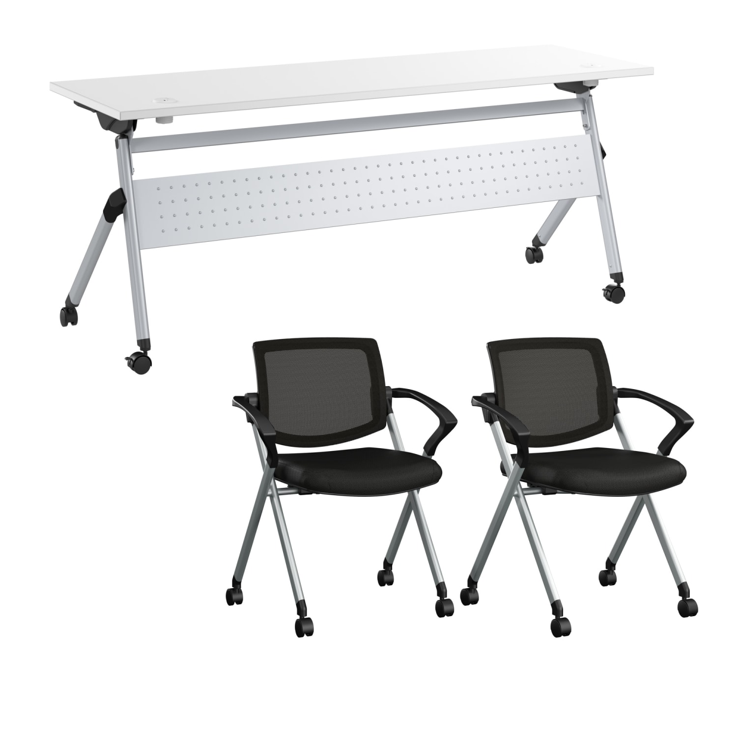 Bush Business Furniture Envision 72inW Training Table with Powered Grommets and 2 Chairs with Arms, White/Cool Gray Metallic, Standard Delivery - Image 3