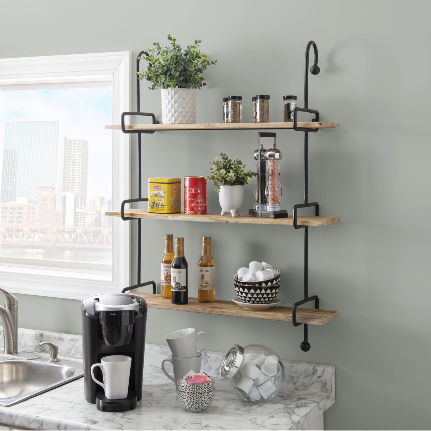 Powell Wheelan Wall Shelf, 39inH x 31inW x 8-1/2inD, Natural/Black - Image 4