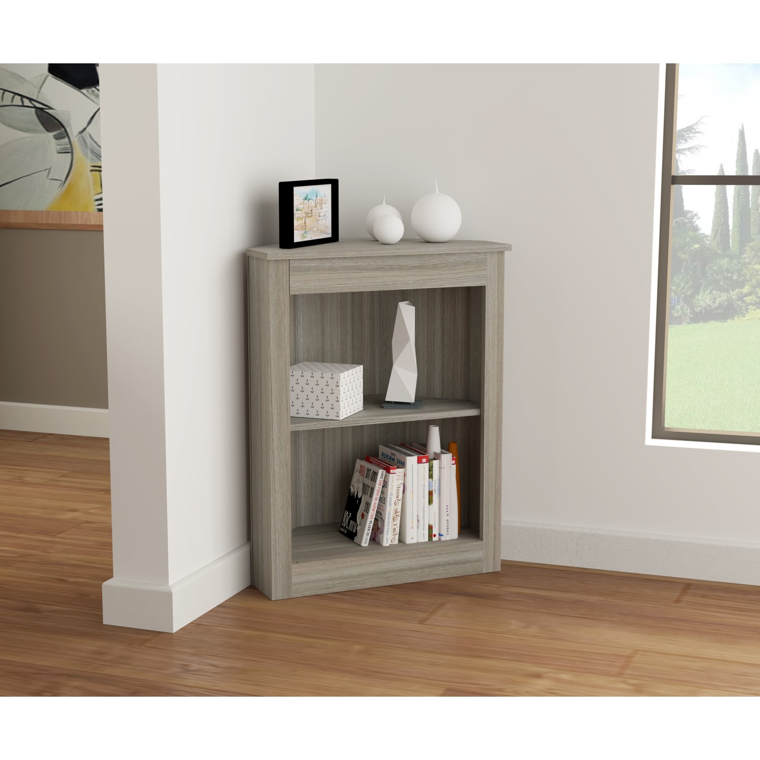 Inval America 32inH 2-Shelf Corner Bookcase, Smoke Oak - Image 6