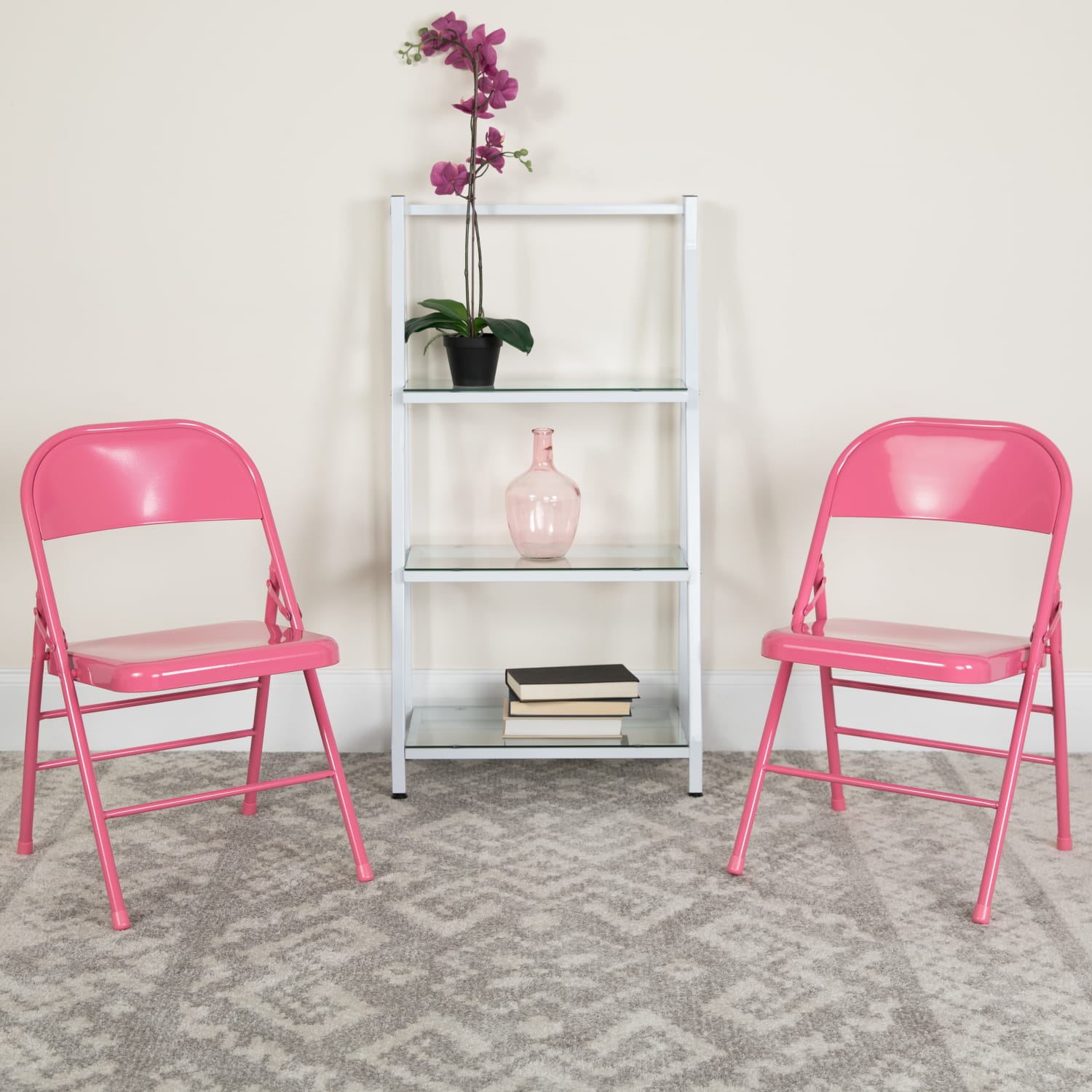 Flash Furniture HERCULES COLORBURST Series Triple-Braced & Double-Hinged Metal Folding Chairs, Bubblegum Pink, Pack Of 2 Chairs