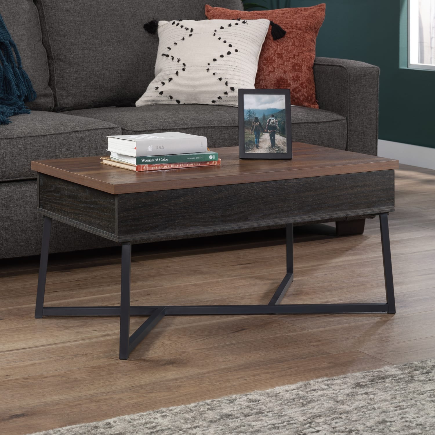 Sauder Canton Lane Lift-Top Coffee Table With Multipurpose Workspace, 16-1/2inH x 35inW x 19inD, Brew Oak/Black - Image 4