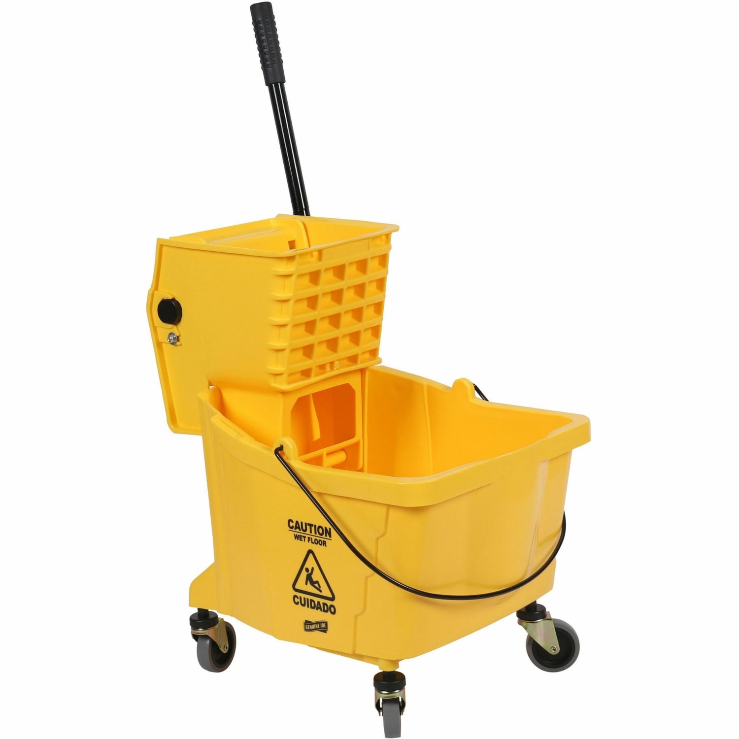 Genuine Joe 35-quart Side Press Mop Bucket & Wringer Combo - 8.75 gal - Caster - 21in x 16in x 14in - Yellow - 18 / Pallet - Image 4