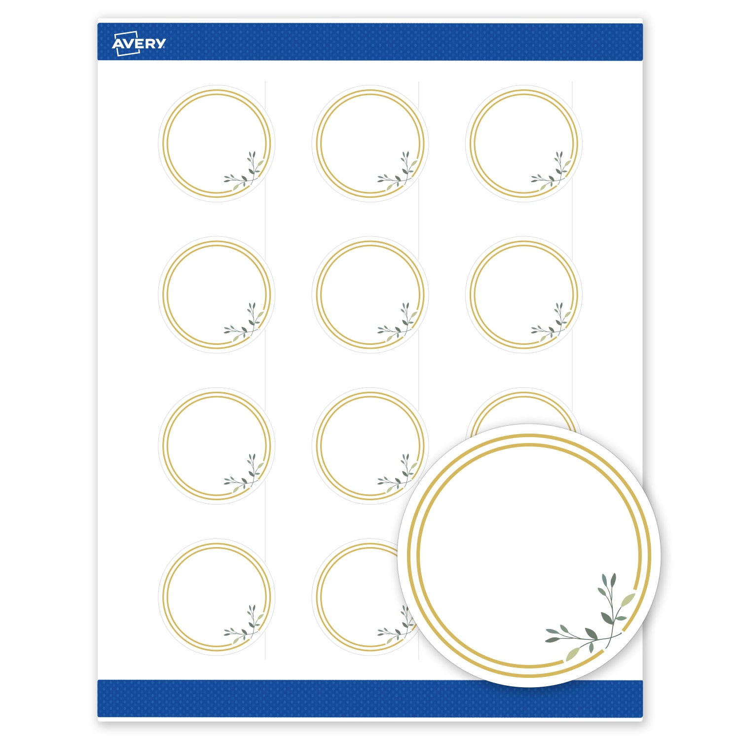 Avery Print-To-The-Edge Labels & Sure Feed, S00-D2N-PRWMP10, 2in Round, Matte White, Preprinted Double Gold Border & Floral Design, Pack Of 120 - Image 3