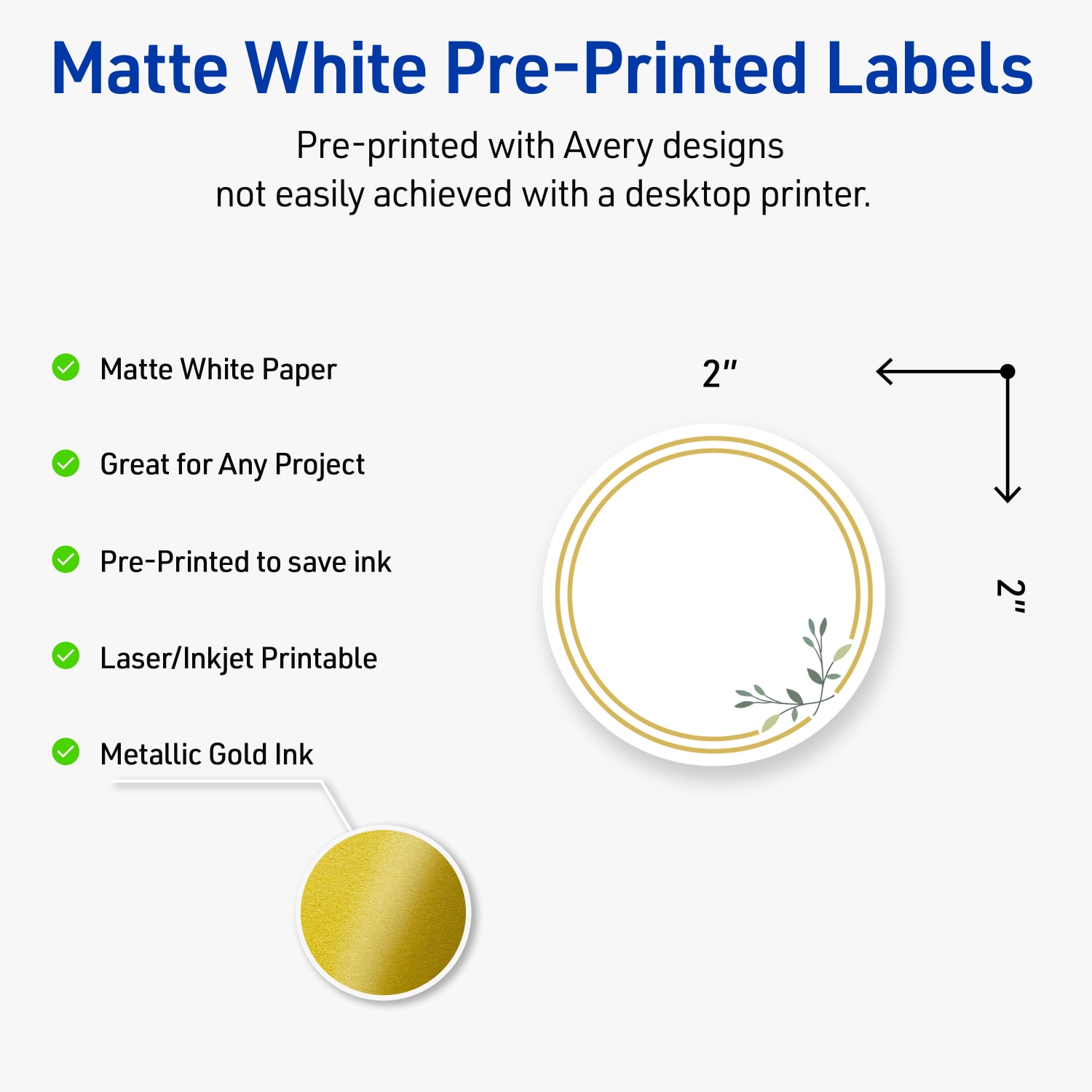 Avery Print-To-The-Edge Labels & Sure Feed, S00-D2N-PRWMP10, 2in Round, Matte White, Preprinted Double Gold Border & Floral Design, Pack Of 120 - Image 4