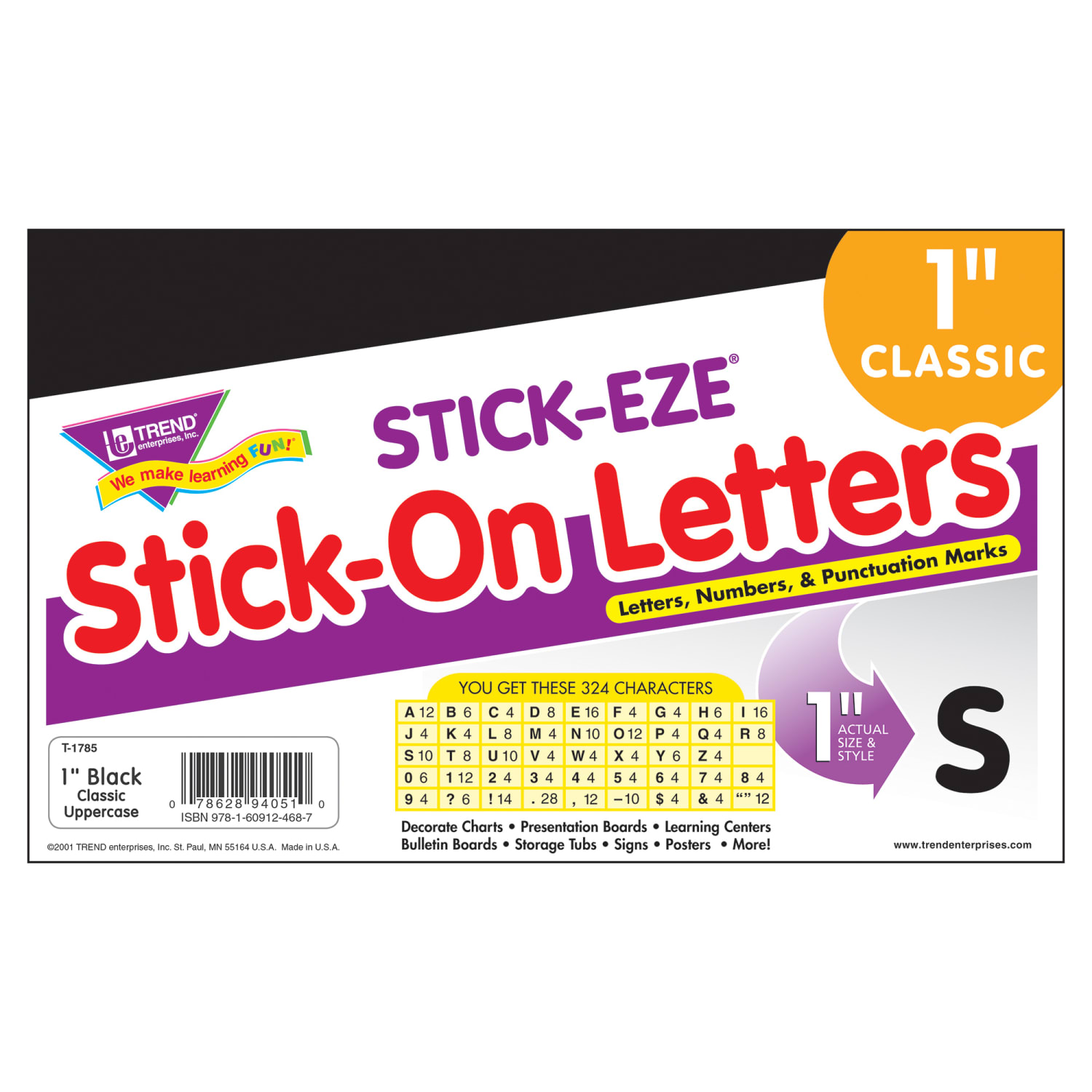 TREND STICK-EZE Stick-On Letters, 1in, Black, 324 Pieces Per Pack, Set Of 6 Packs - Image 4