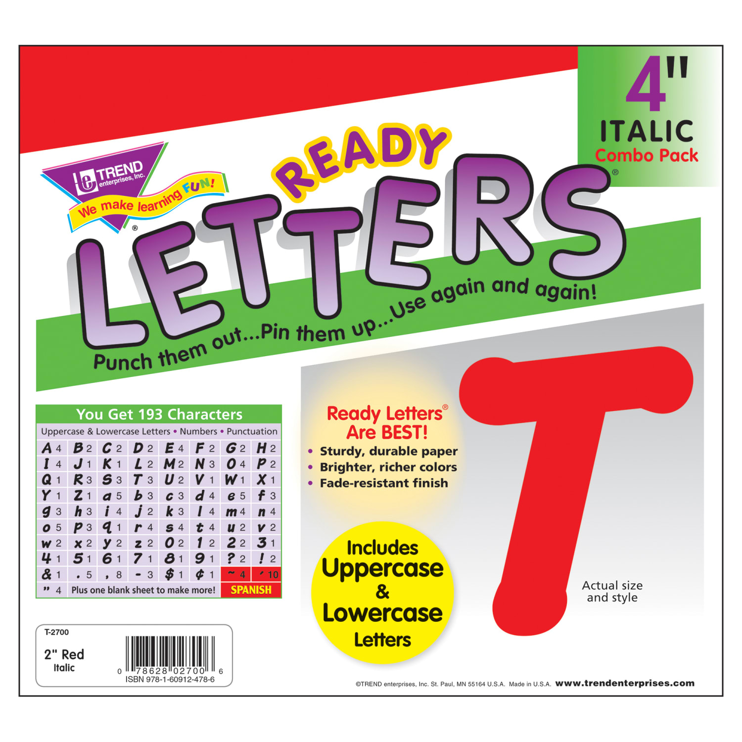 TREND Ready Letters, 4in, Italic Combo, Red, Set Of 3 Packs - Image 4
