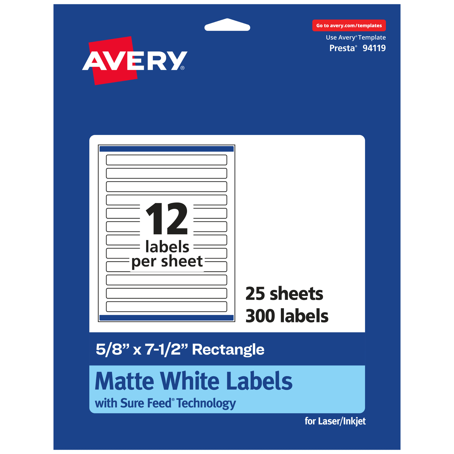 Avery Permanent Labels With Sure Feed, 94119-WMP25, Rectangle, 5/8in x 7-1/2in, White, Pack Of 300