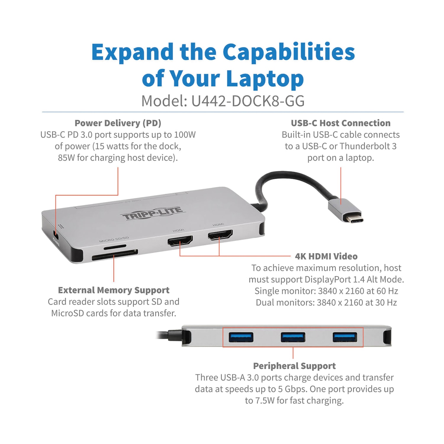 Tripp Lite Dual-Display 8-Port USB-C Dock, Gray, TRPU442DOCK8 - Image 5