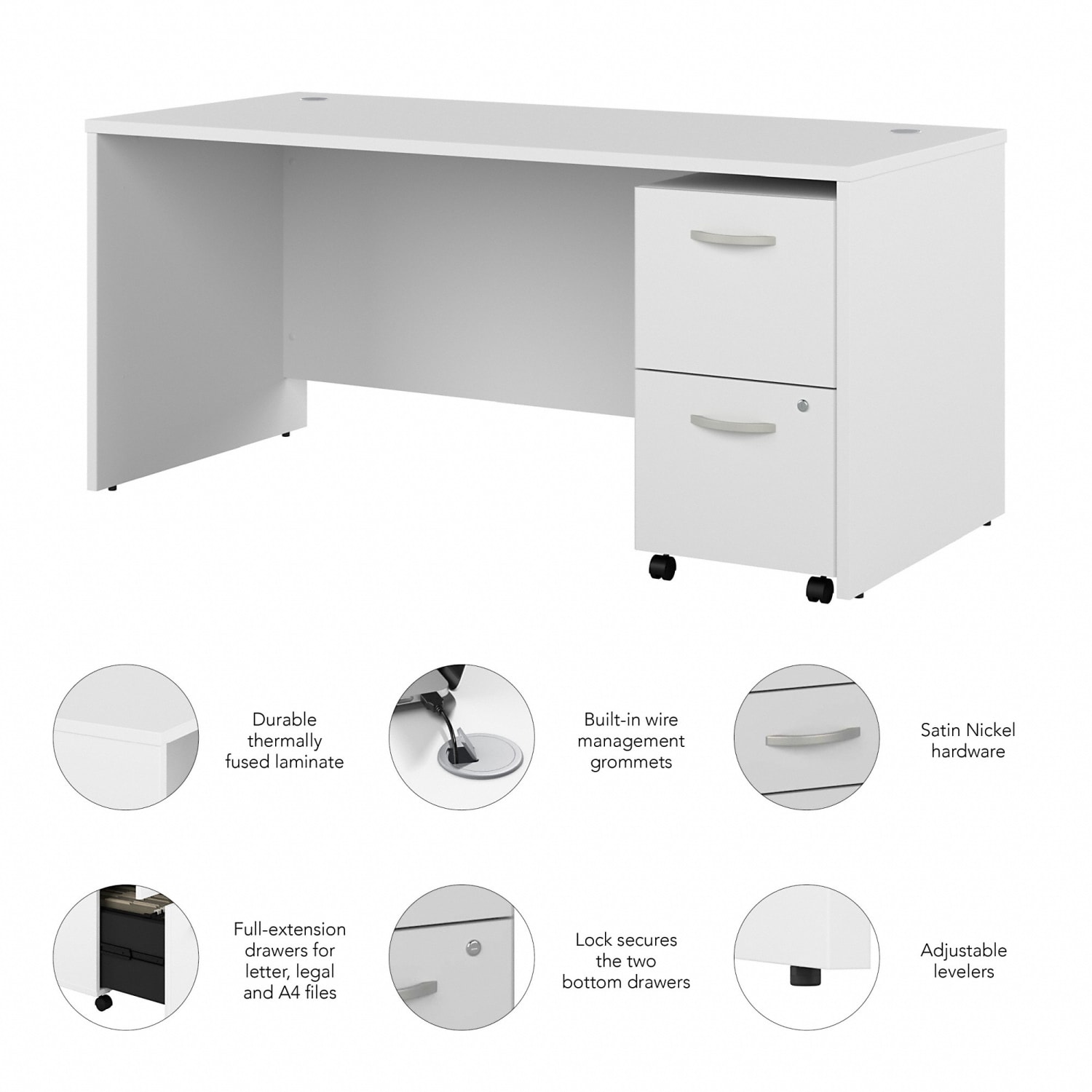 Bush Business Furniture Studio C 66inW Office Computer Desk With 2-Drawer Mobile File Cabinet, White, Standard Delivery - Image 4