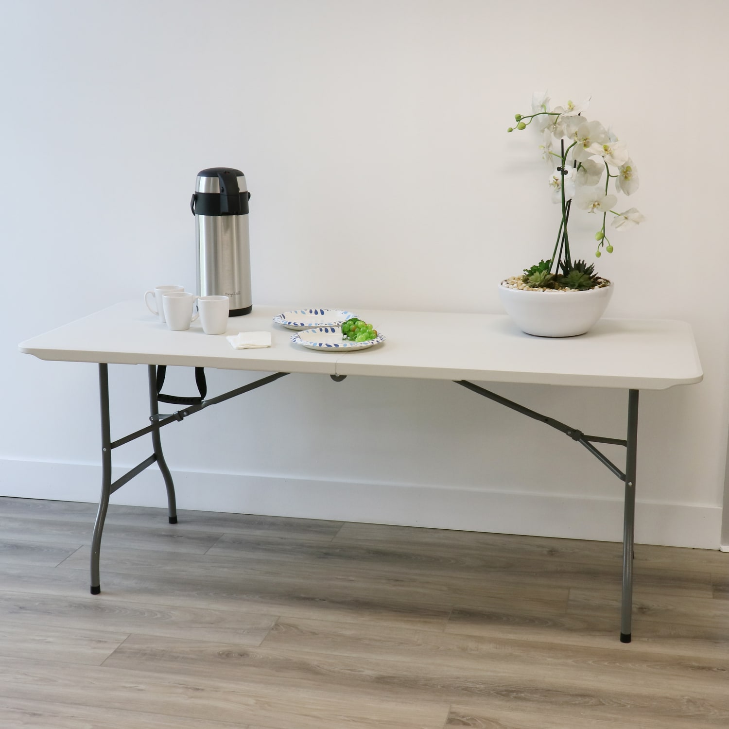 Elama Plastic Folding Outdoor Furniture Table, 29-1/2inH x 29-1/2inW x 70-13/16inD, White/Gray - Image 6