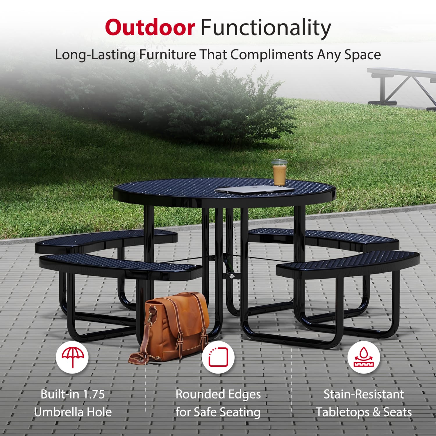 Leisure Craft Round Outdoor Picnic Table, 29-1/4inH x 81inW x 81inD, Black - Image 4