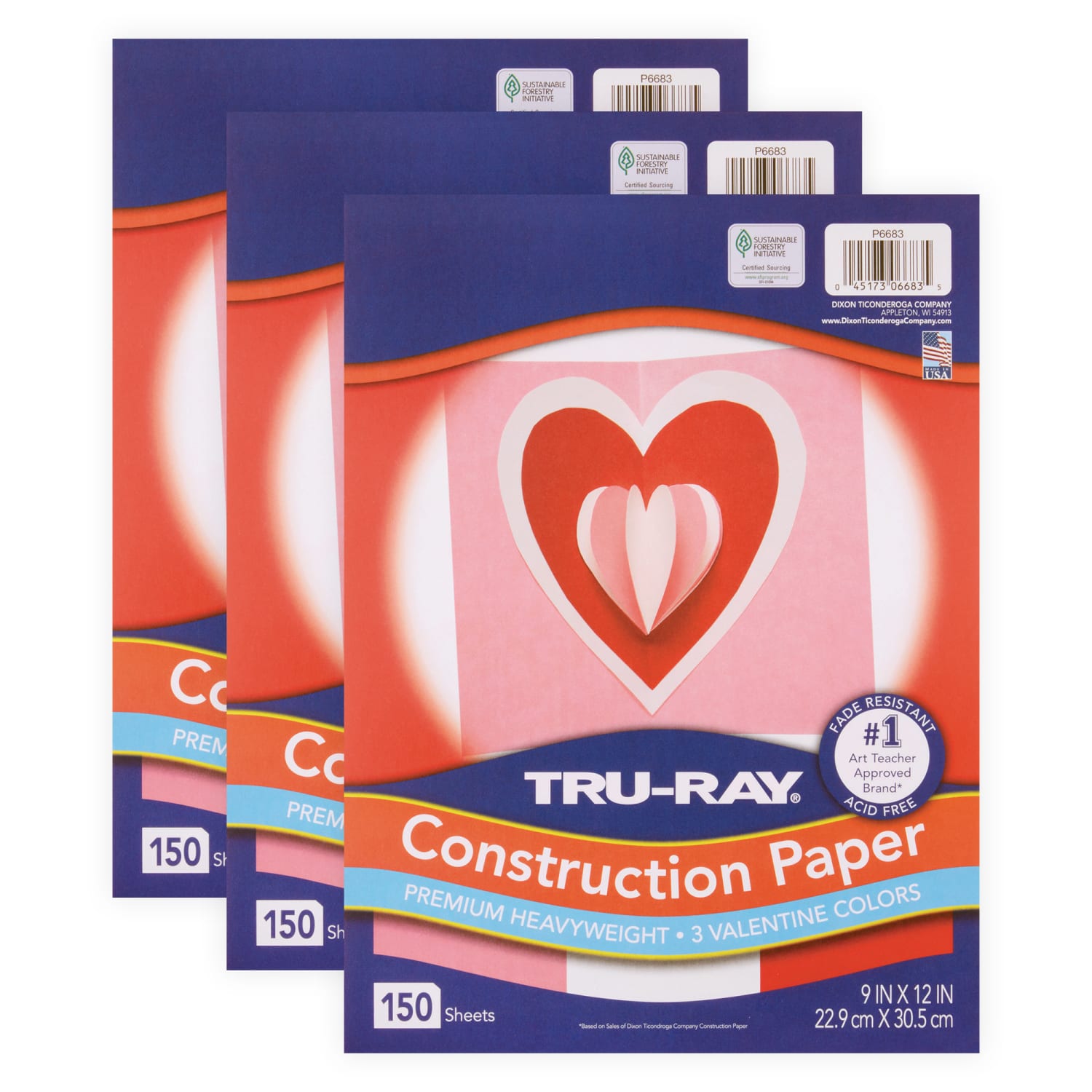 Tru-Ray Construction Paper, Heavyweight, 9in x 12in, Valentine Assortment, 150 Sheets Per Pack, Set Of 3 Packs