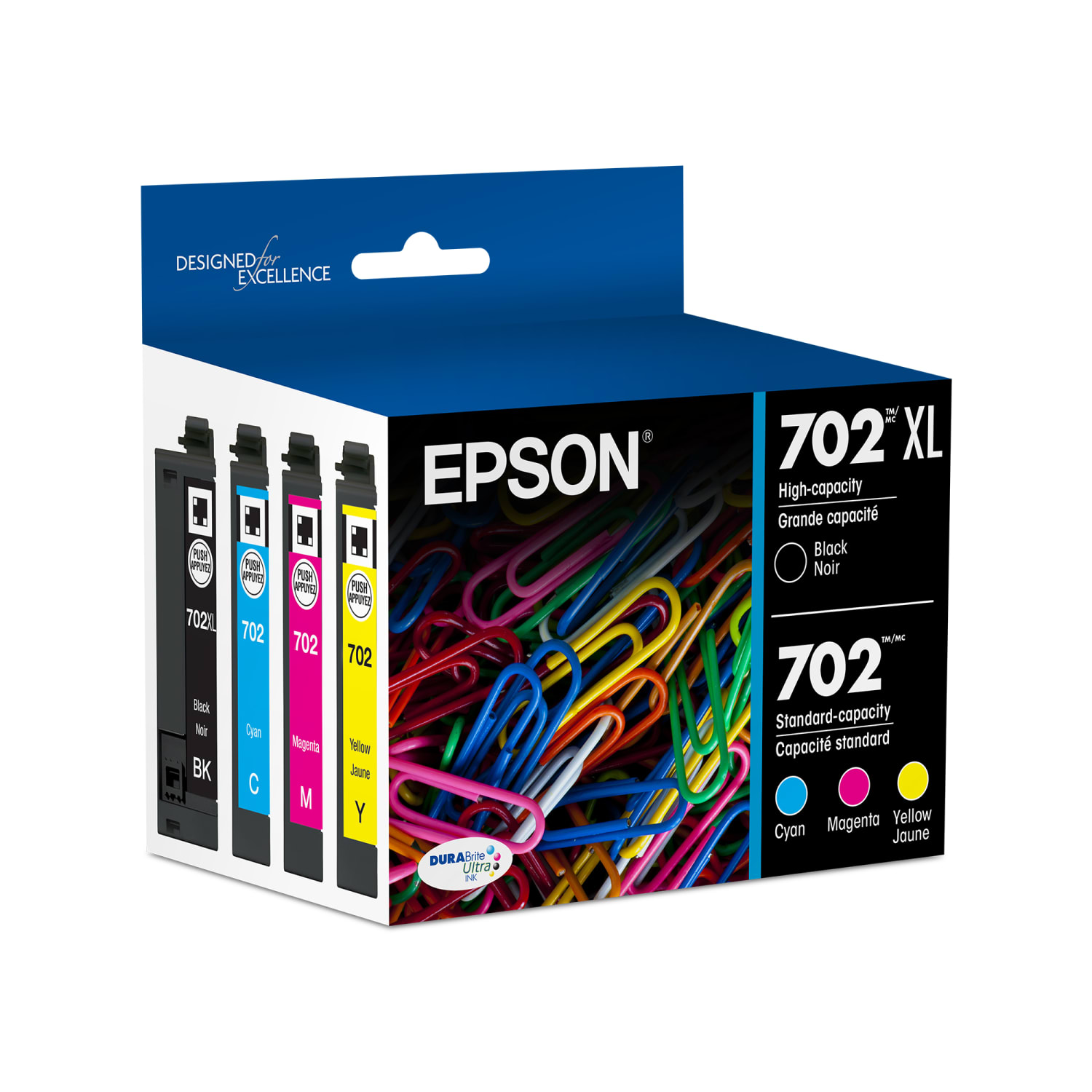 Epson 702XL Black/702 DuraBrite Tri-Color Ultra High-Yield/Standard Yield Ink Cartridges, Pack Of 2, T702XL-BCS