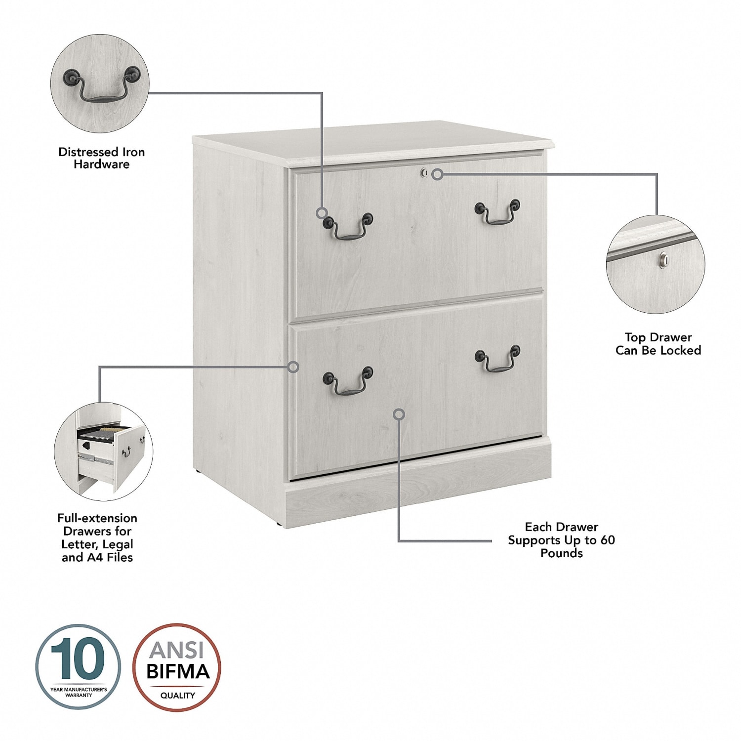 Bush Furniture Saratoga 26-6/7inW x 19-2/5inD Lateral 2-Drawer File Cabinet, Linen White Oak, Standard Delivery - Image 4