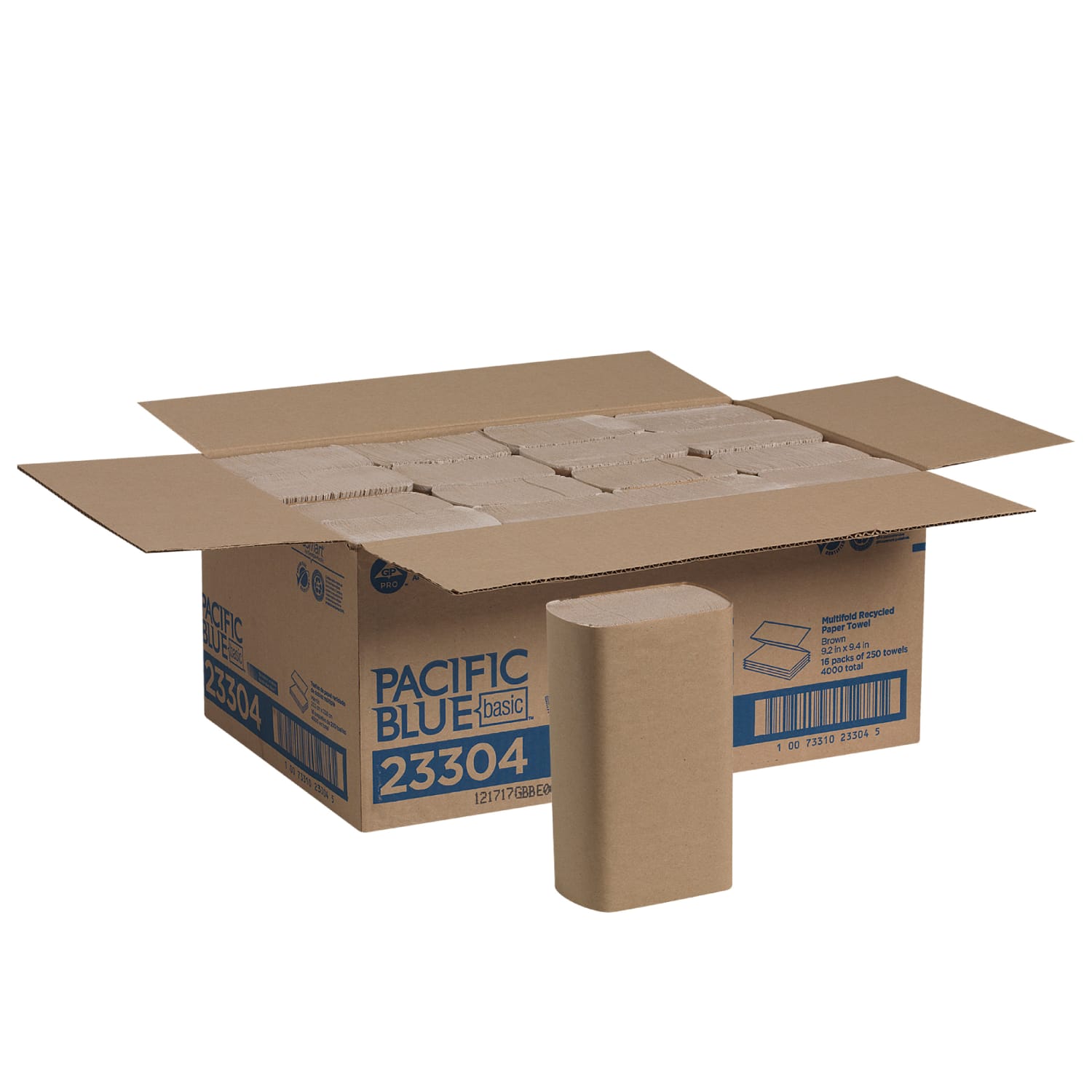 Pacific Blue Basic by GP PRO, 1-Ply, Multifold Paper Towels, 9.2in X 9.4in, 100% Recycled, Brown, 250 Sheets per Pack, 16 Packs Per Case