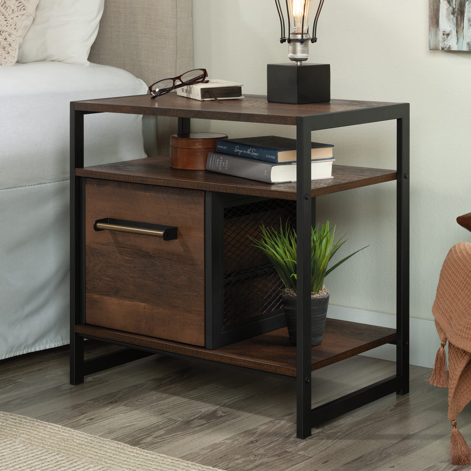 Sauder Briarbrook Metal Side Table With Drawer, 24inH x 24inW x 15-1/2inD, Barrel Oak/Black - Image 4