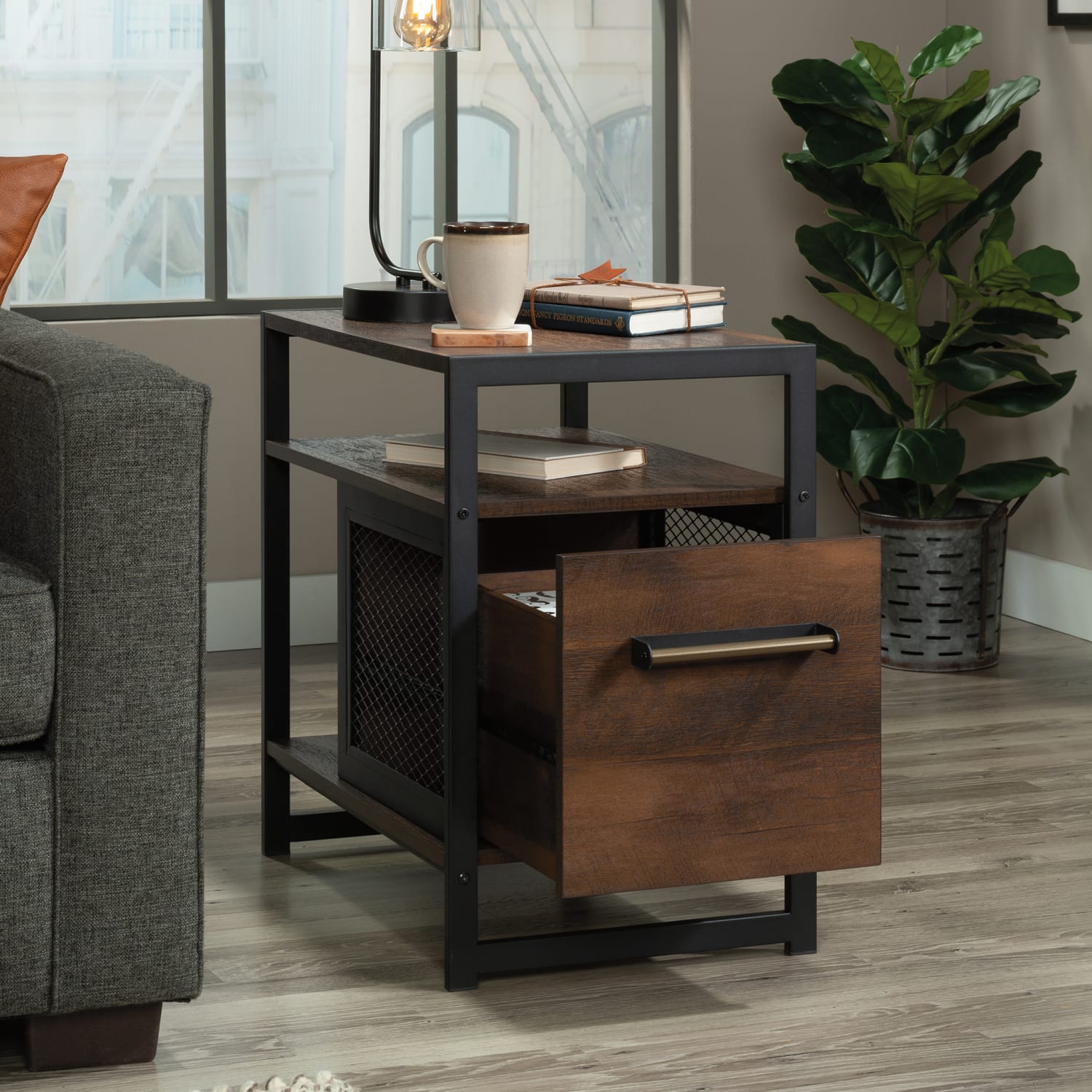 Sauder Briarbrook Metal Side Table With Drawer, 24inH x 24inW x 15-1/2inD, Barrel Oak/Black - Image 6