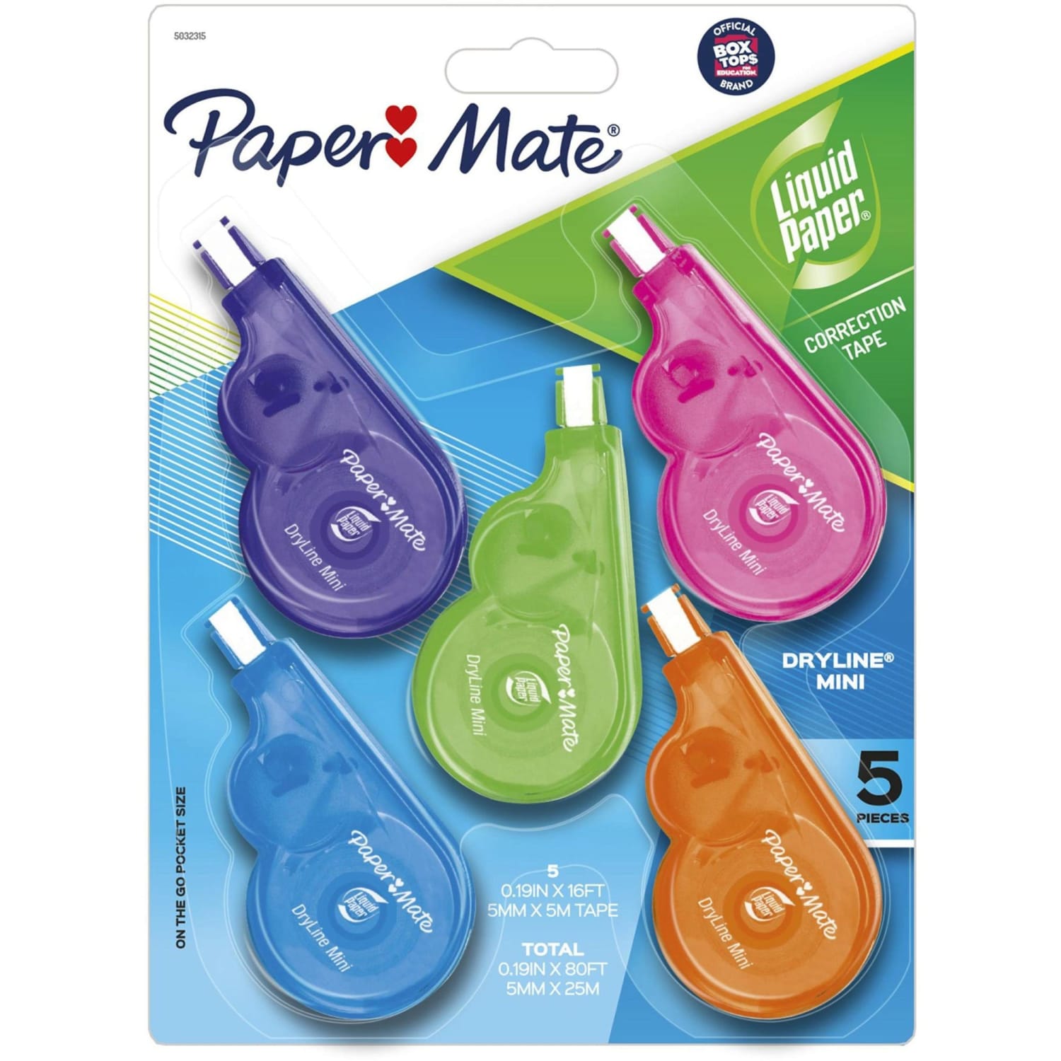 Paper Mate Liquid Paper DryLine Mini Fashion Correction Tape, 1 Line x 196in, Assorted Fashion Colors, Pack Of 5