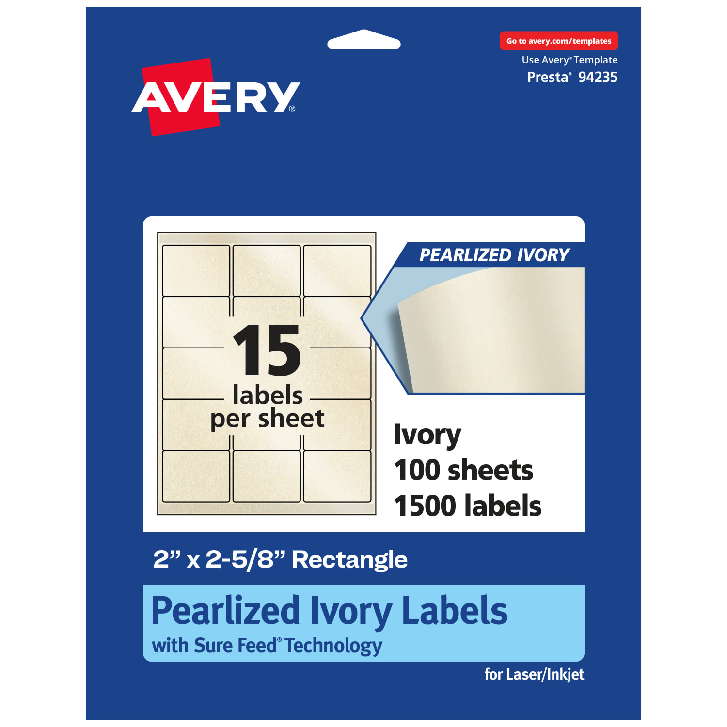 Avery Pearlized Permanent Labels With Sure Feed, 94235-PIP100, Rectangle, 2in x 2-5/8in, Ivory, Pack Of 1,500 Labels