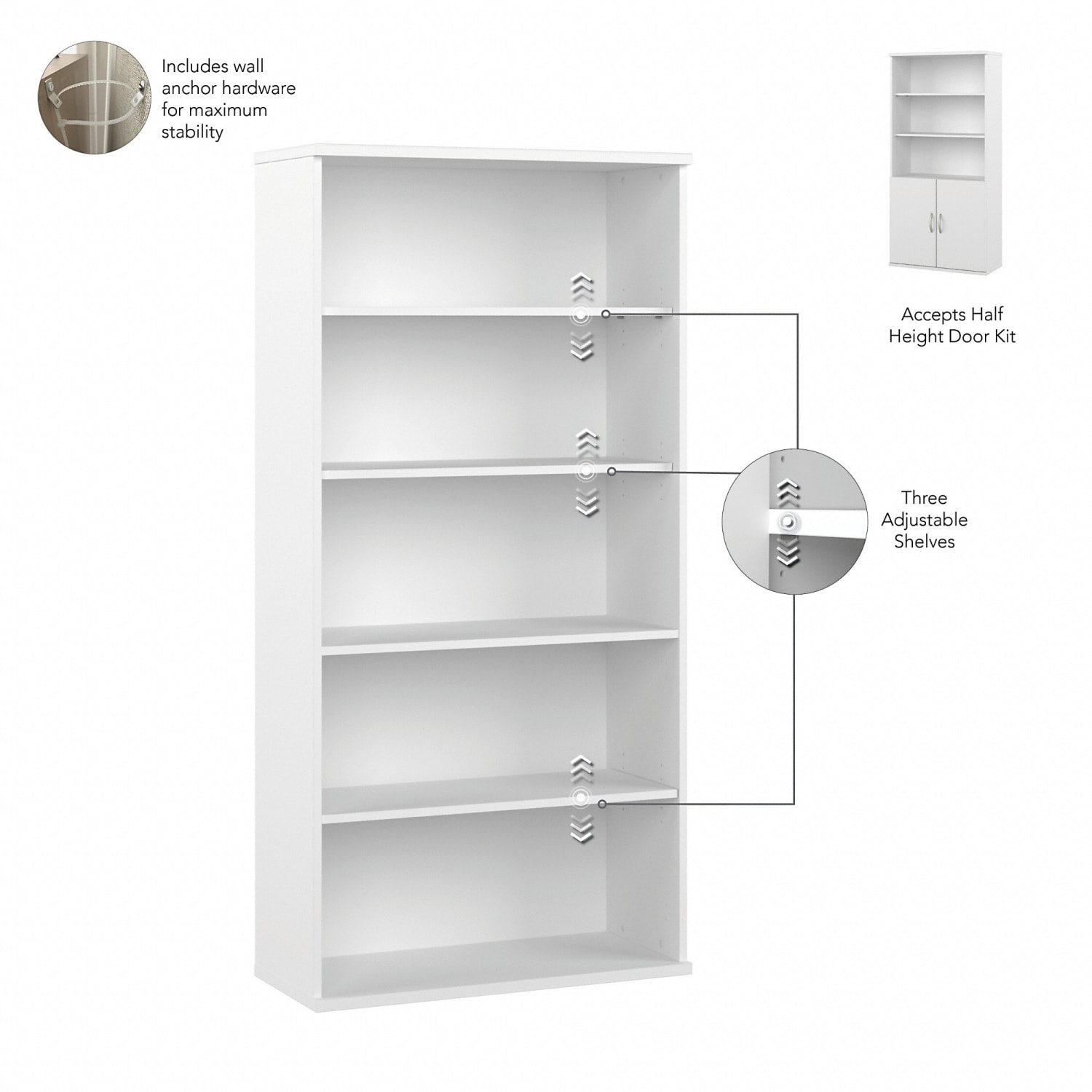 Bush Business Furniture Hybrid 73inH 5-Shelf Bookcase With Doors, White, Standard Delivery - Image 4