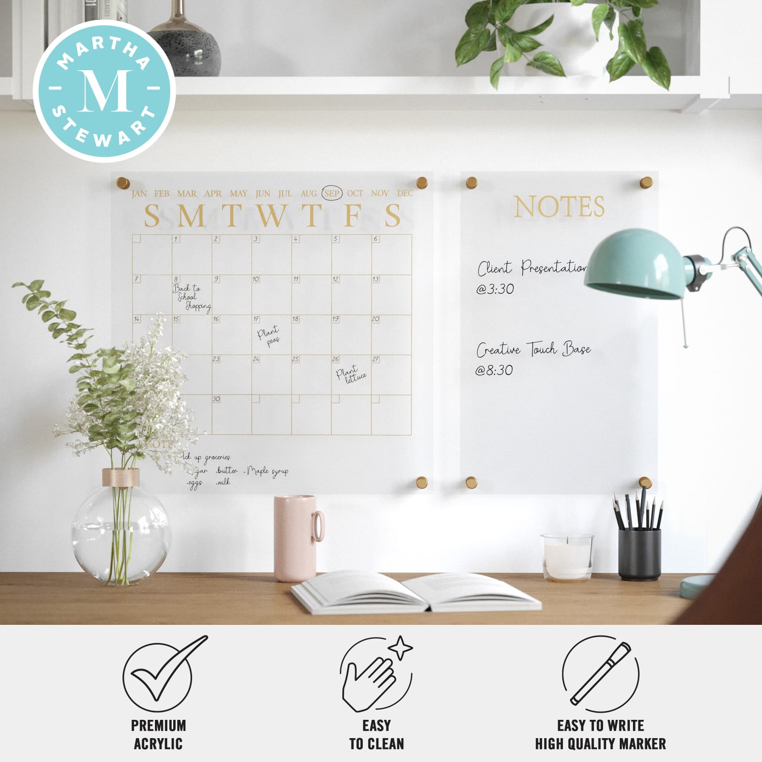Martha Stewart Grayson Acrylic Monthly Wall Calendar And Notes Board, 18in x 18in, Clear/Gold, Undated - Image 5