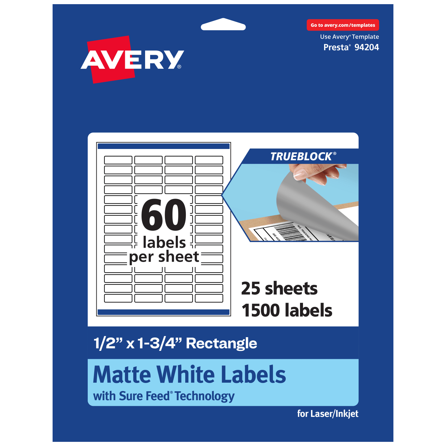 Avery Print-To-The-Edge TrueBlock Labels With Sure Feed, 94204-TWMP25, Rectangle, 1/2in x 1-3/4in, Matte White, Pack Of 1500