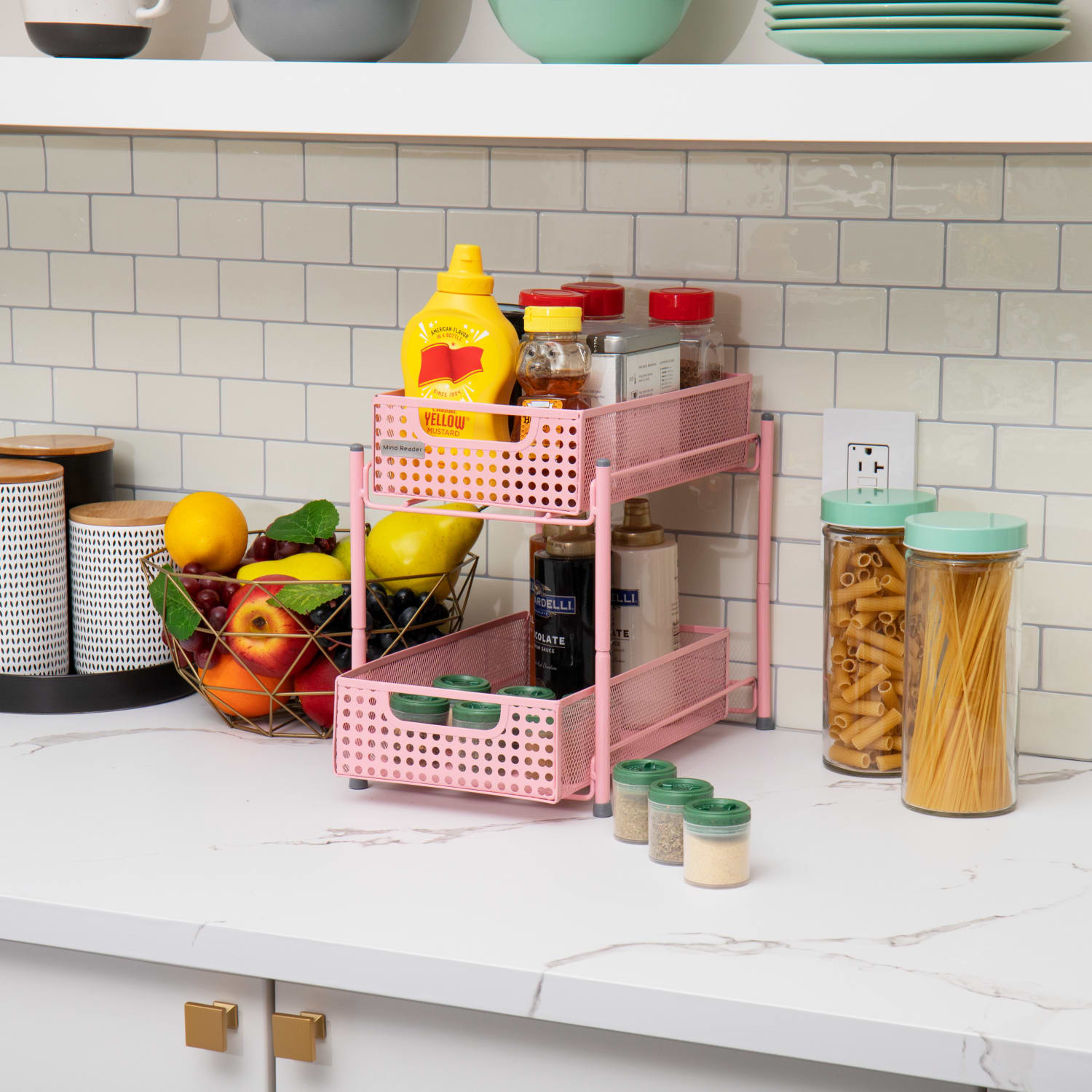Mind Reader 2-Tier Mesh Cabinet Basket, 11-1/4in H x 12-1/2in W x 8in D, Pink - Image 3