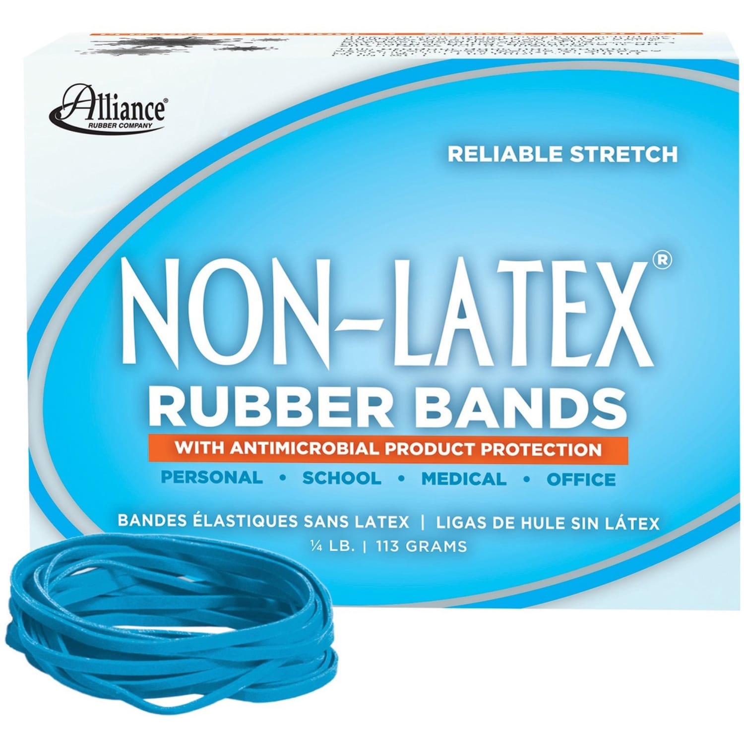 Alliance Rubber Non-Latex Rubber Bands with Antimicrobial Protection, Size #33 (3-1/2in x 1/8in), Cyan, Approx. 180 Bands per 1/4 lb. Box - Image 6