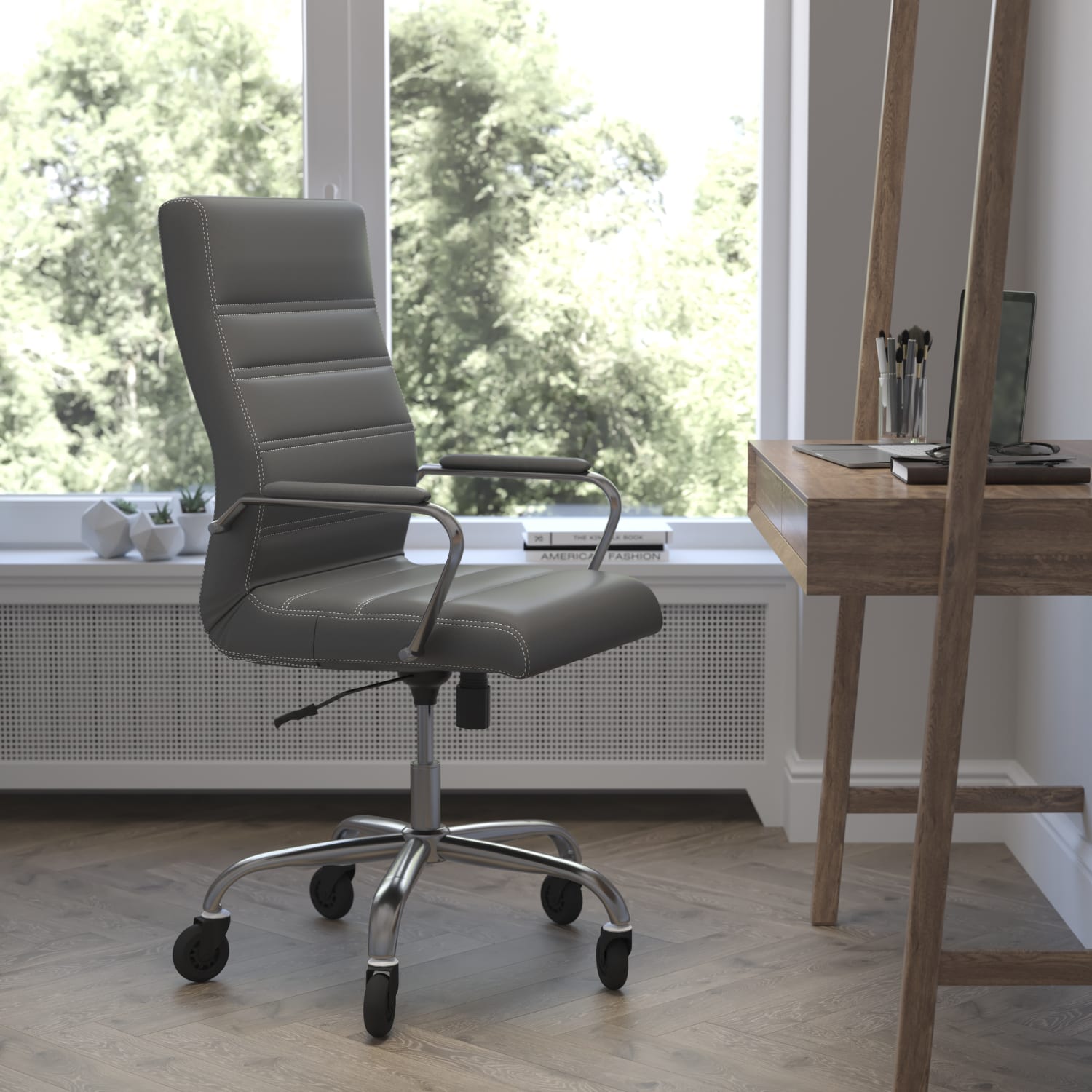 Flash Furniture Whitney Ergonomic Faux Leather High-Back Executive Swivel Office Chair, Gray/Chrome