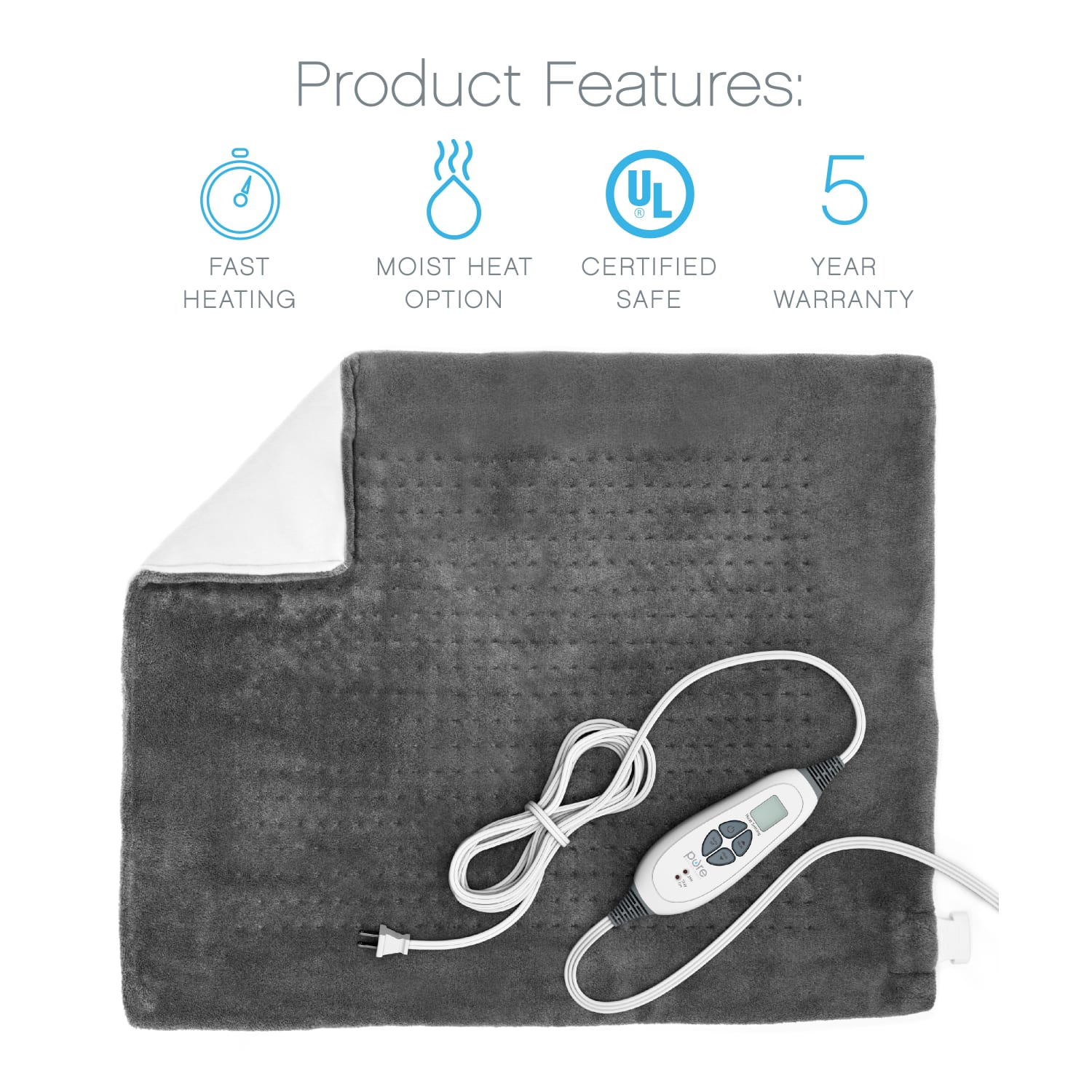 Pure Enrichment PureRelief XXL Ultra-Wide Microplush Heating Pad, 19-1/2in x 24in, Charcoal Gray - Image 3