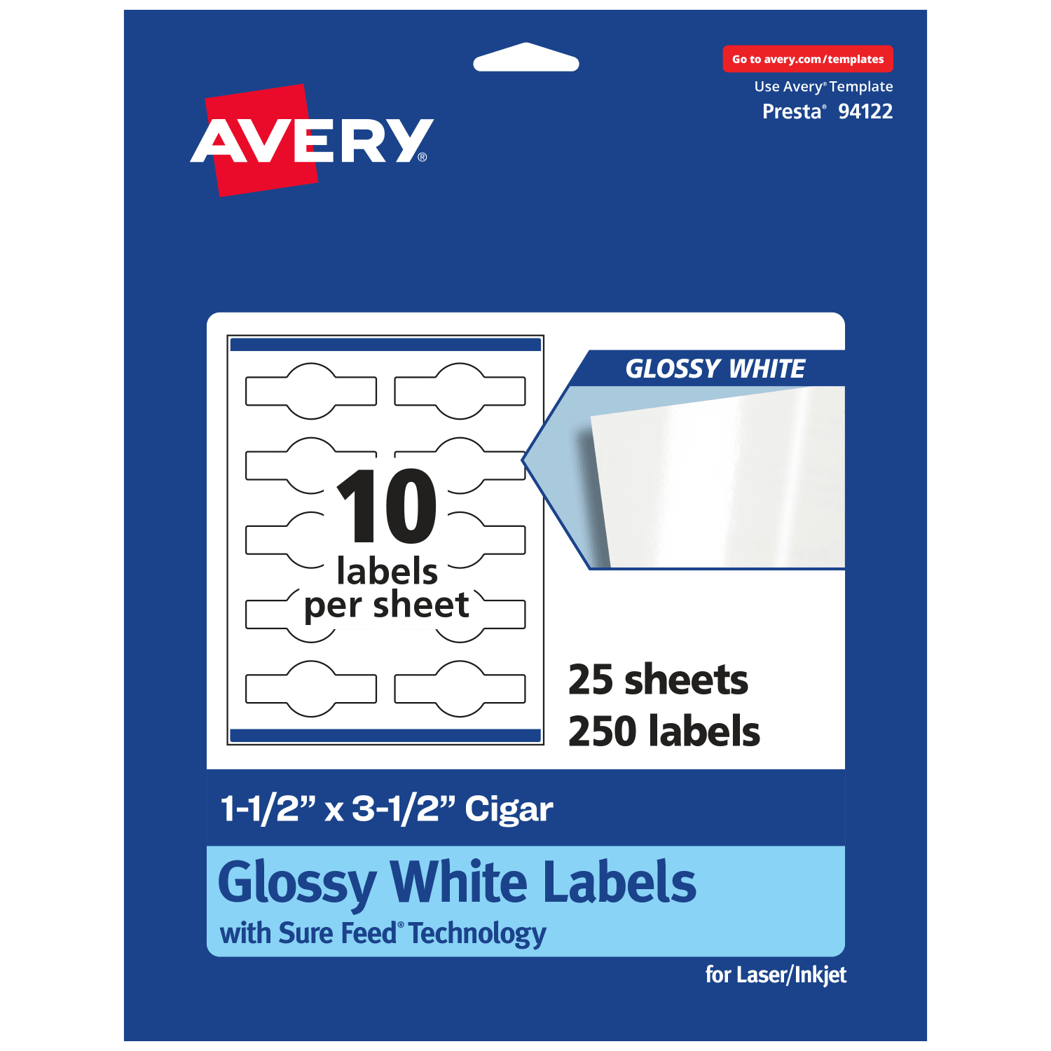 Avery Glossy Permanent Labels With Sure Feed, 94122-WGP25, Cigar, 1-1/2in x 3-1/2in, White, Pack Of 250