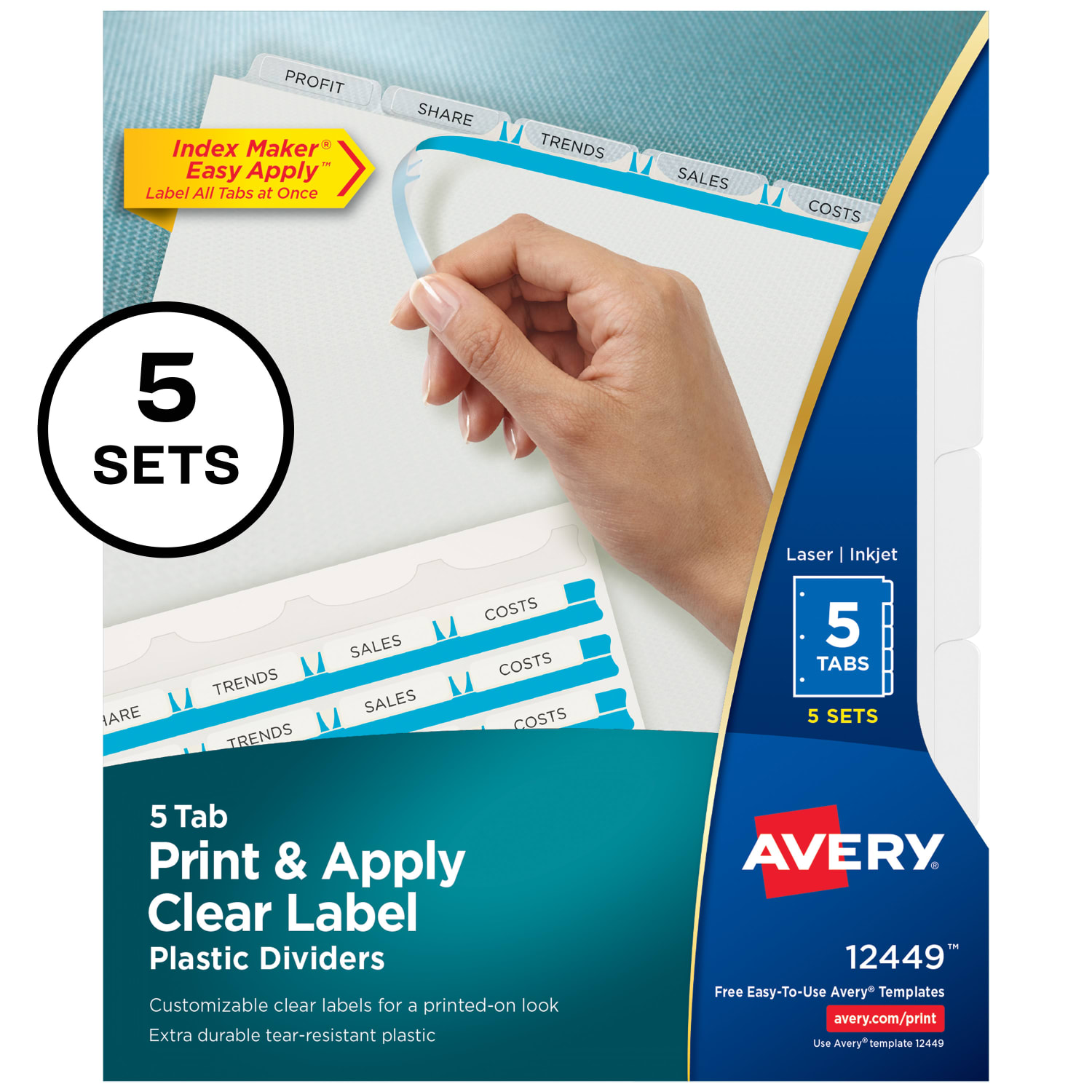 Avery Print & Apply Clear Label Translucent Plastic Dividers, 5 Frosted Clear Tabs, 5 Sets - 12449 - Image 3
