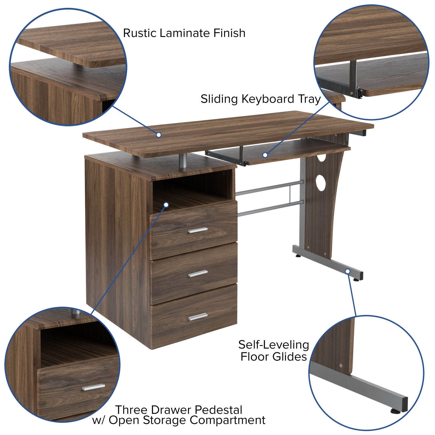 Flash Furniture 48inW Computer Desk With 3-Drawer Single Pedestal, Rustic Walnut - Image 6