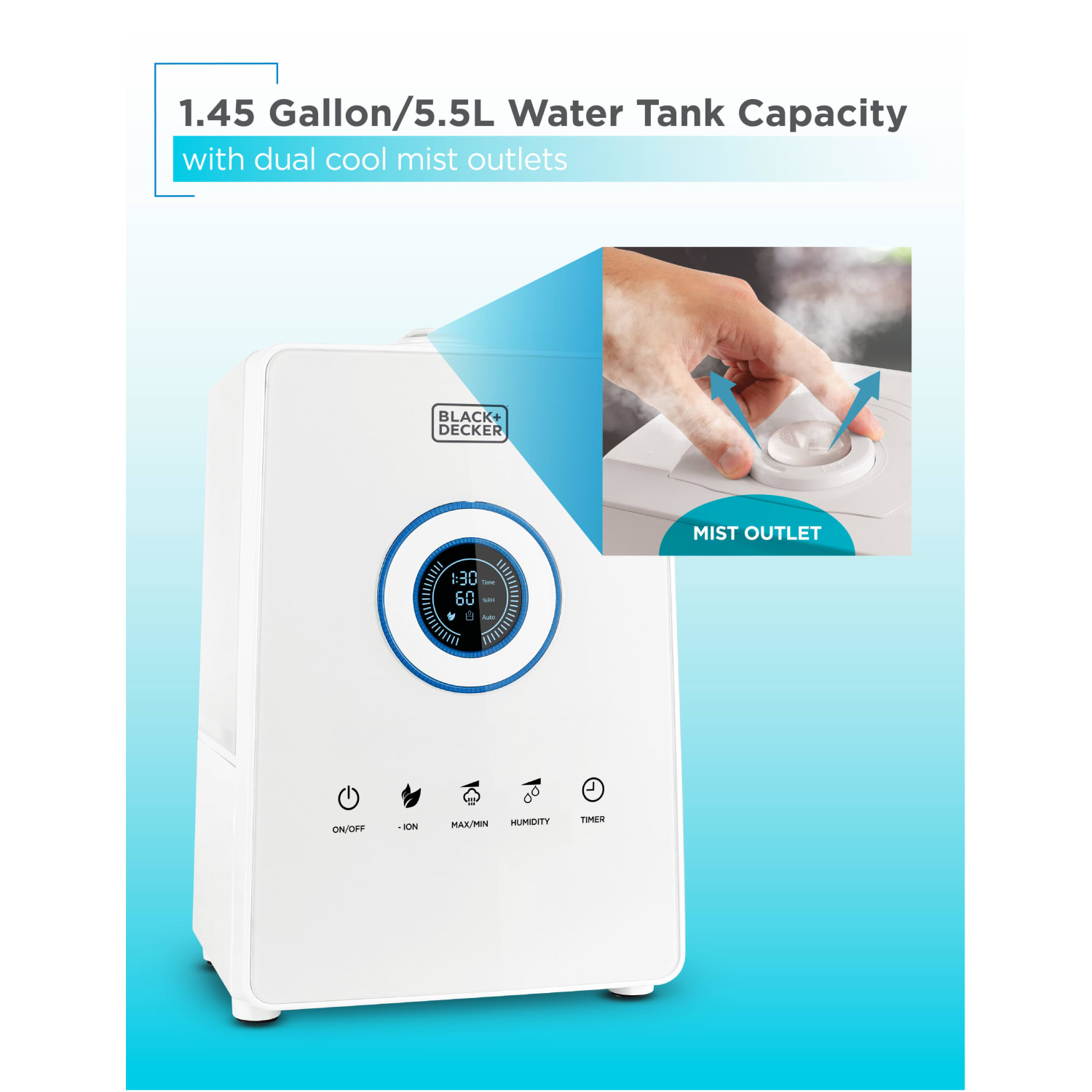 Black+Decker Ultrasonic Humidifier, Touch Display, 1.45 Gallons, 14inH x 9-7/8inW x 7-5/16inD - Image 3