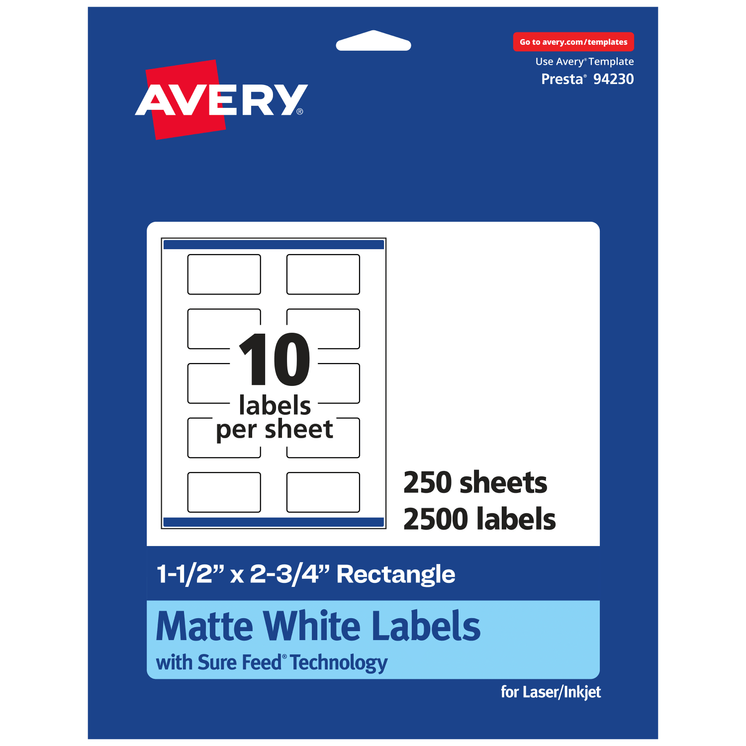 Avery Permanent Labels With Sure Feed, 94230-WMP250, Rectangle, 1-1/2in x 2-3/4in, White, Pack Of 2,500