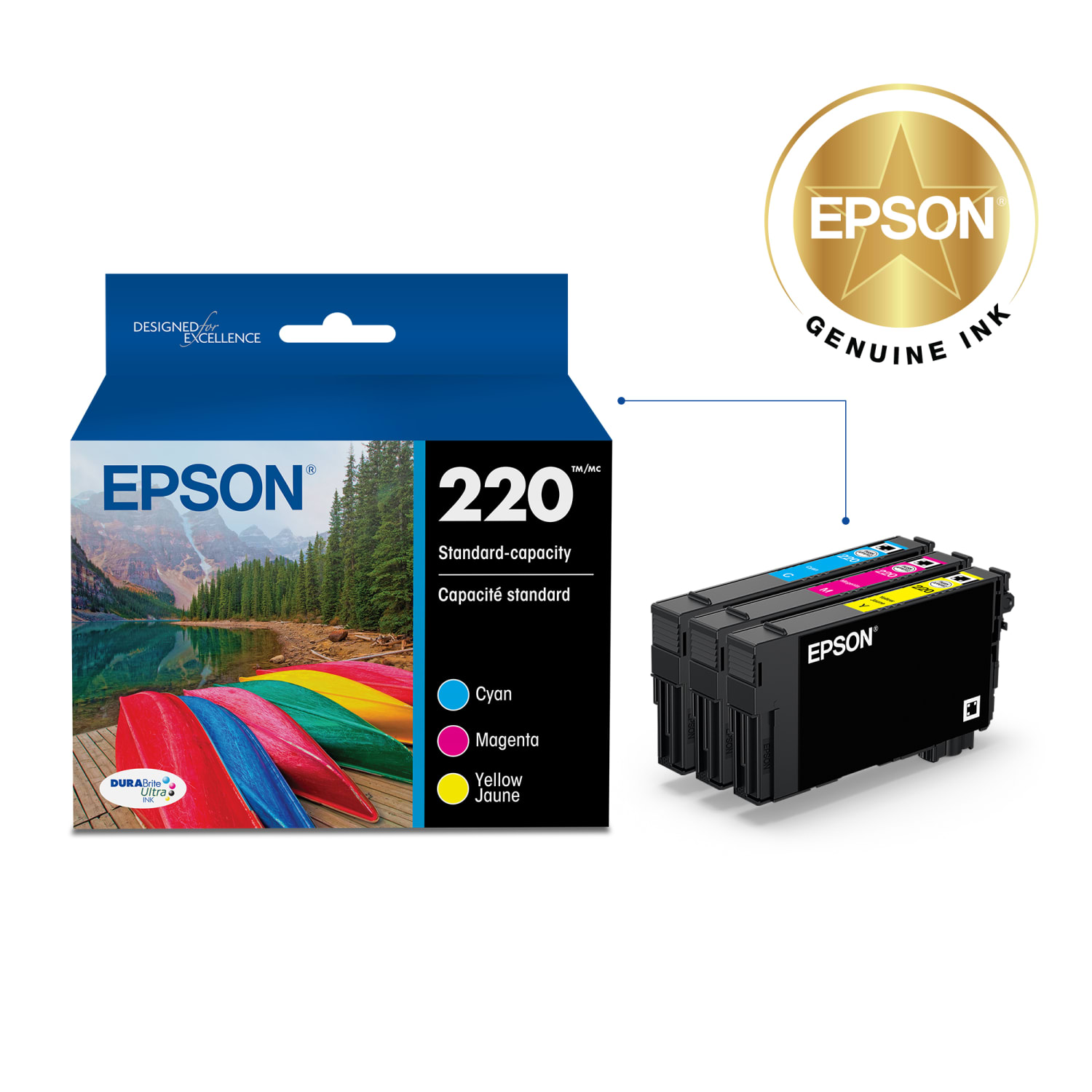 Epson 220 DuraBrite Ultra Cyan, Magenta, Yellow Ink Cartridges, Pack Of 3, T220520-S - Image 3