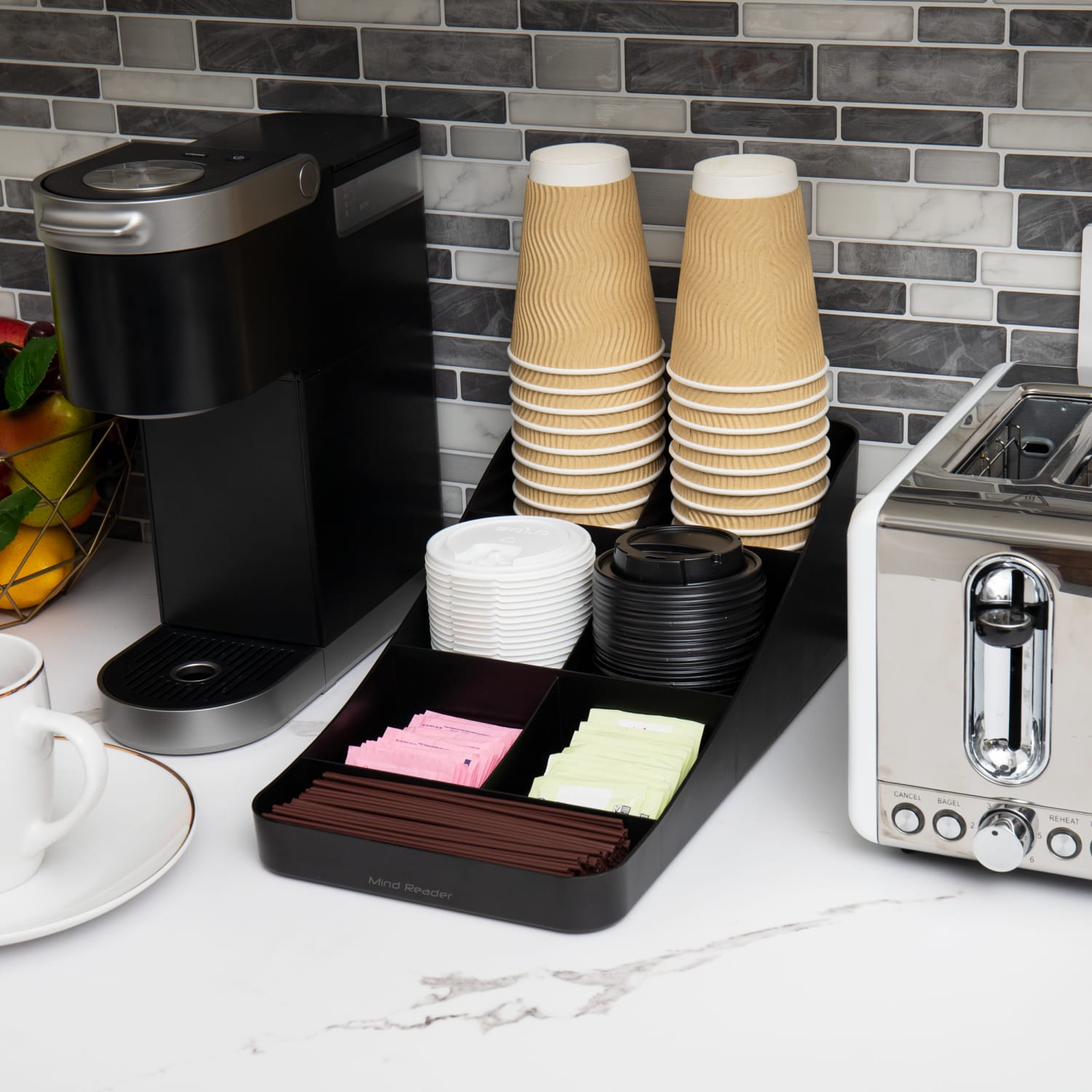 Mind Reader 7-Compartment Coffee Cup and Condiment Organizer, 5-1/4in H x 7-1/4in W x 15-1/2in L, Black - Image 3