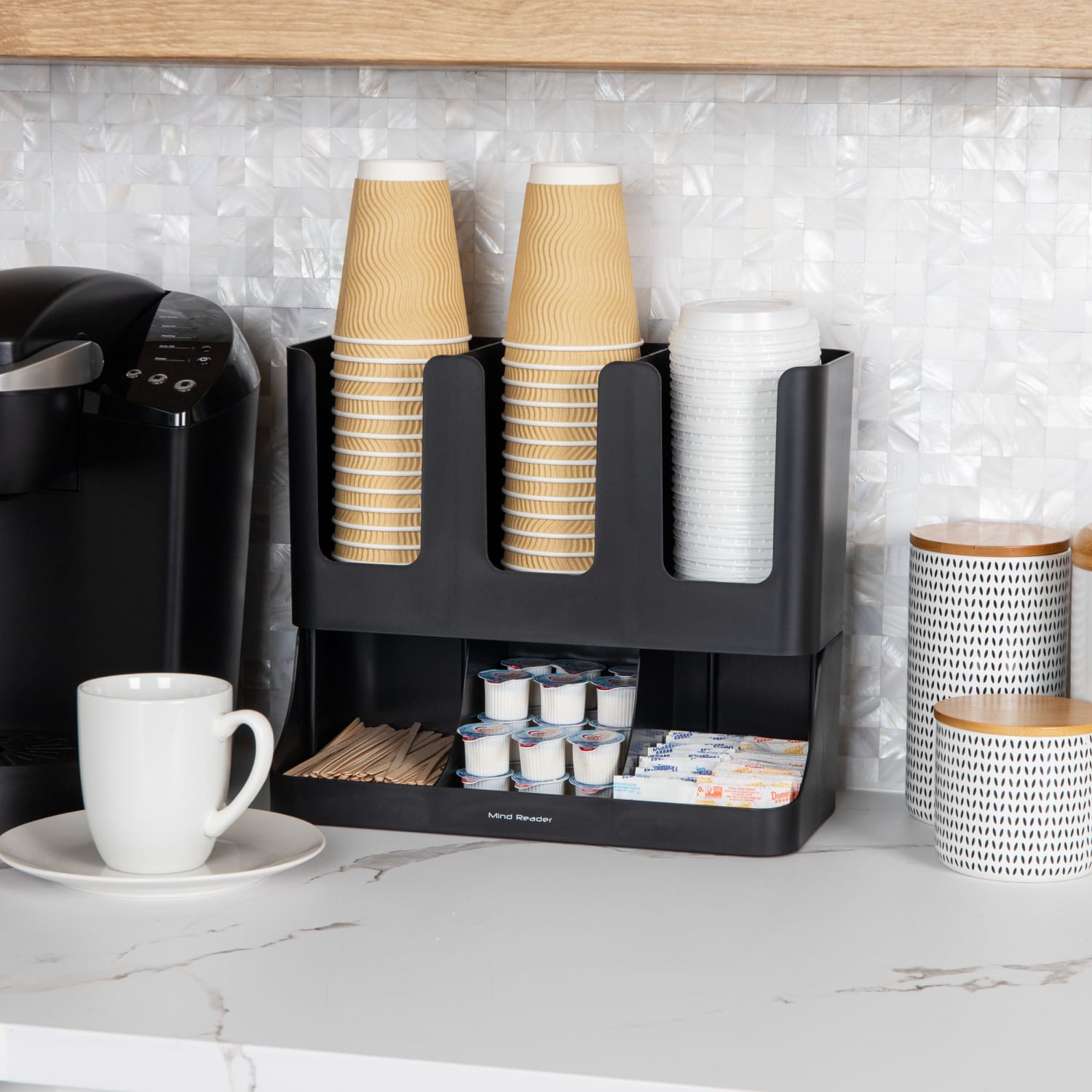 Mind Reader 6-Compartment 2-Tier Coffee Condiment And Cup Organizer, 11-1/2inH x 6-32/5inW x 13inD, Black - Image 3