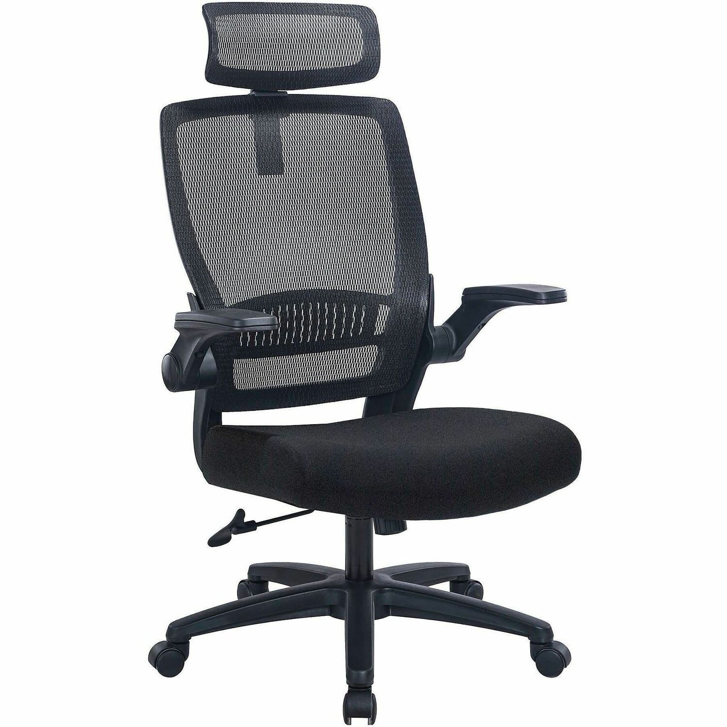 Lorell Lanser Mesh-Back Chair with Flip-Up Arms - Fabric Seat Material - Mesh Back Material - High Back - 5-star Base - Black - Armrest - 1 Each