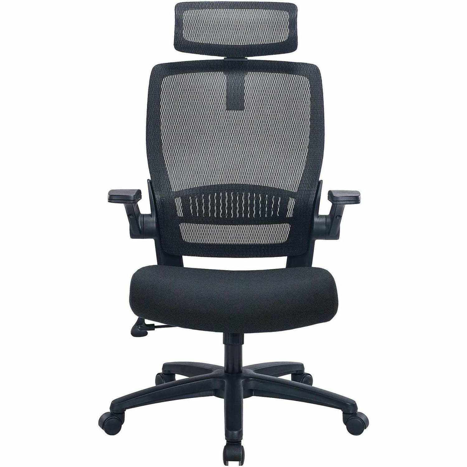 Lorell Lanser Mesh-Back Chair with Flip-Up Arms - Fabric Seat Material - Mesh Back Material - High Back - 5-star Base - Black - Armrest - 1 Each - Image 3