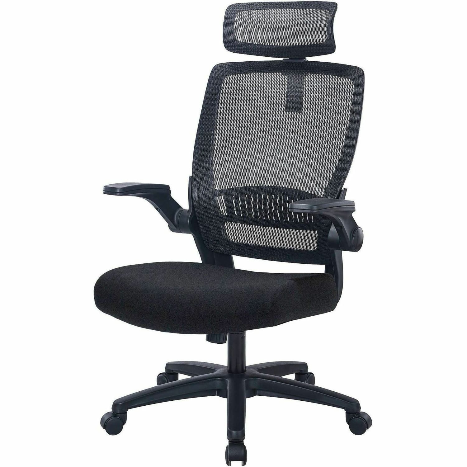 Lorell Lanser Mesh-Back Chair with Flip-Up Arms - Fabric Seat Material - Mesh Back Material - High Back - 5-star Base - Black - Armrest - 1 Each - Image 5