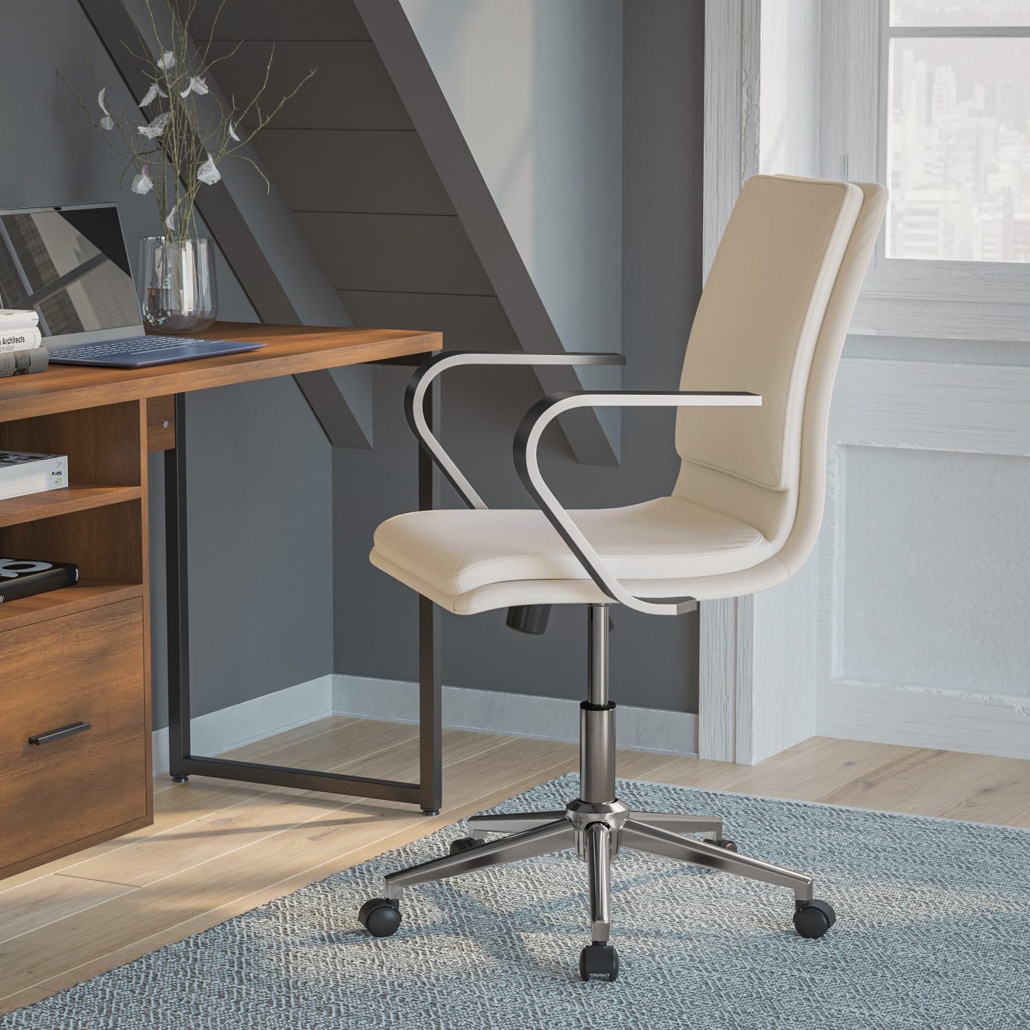 Flash Furniture James Faux Leather Mid-Back Designer Executive Upholstered Office Chair, Taupe/Chrome