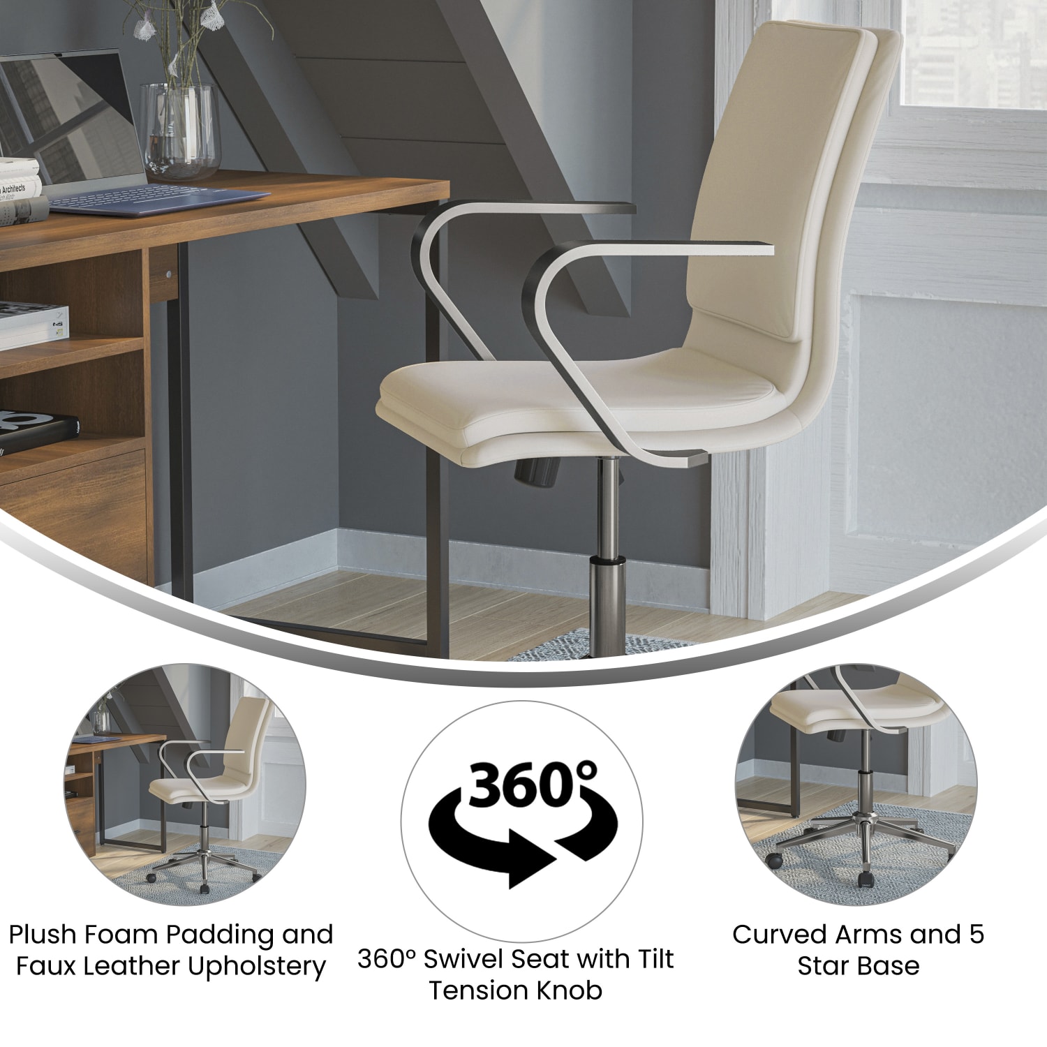 Flash Furniture James Faux Leather Mid-Back Designer Executive Upholstered Office Chair, Taupe/Chrome - Image 5