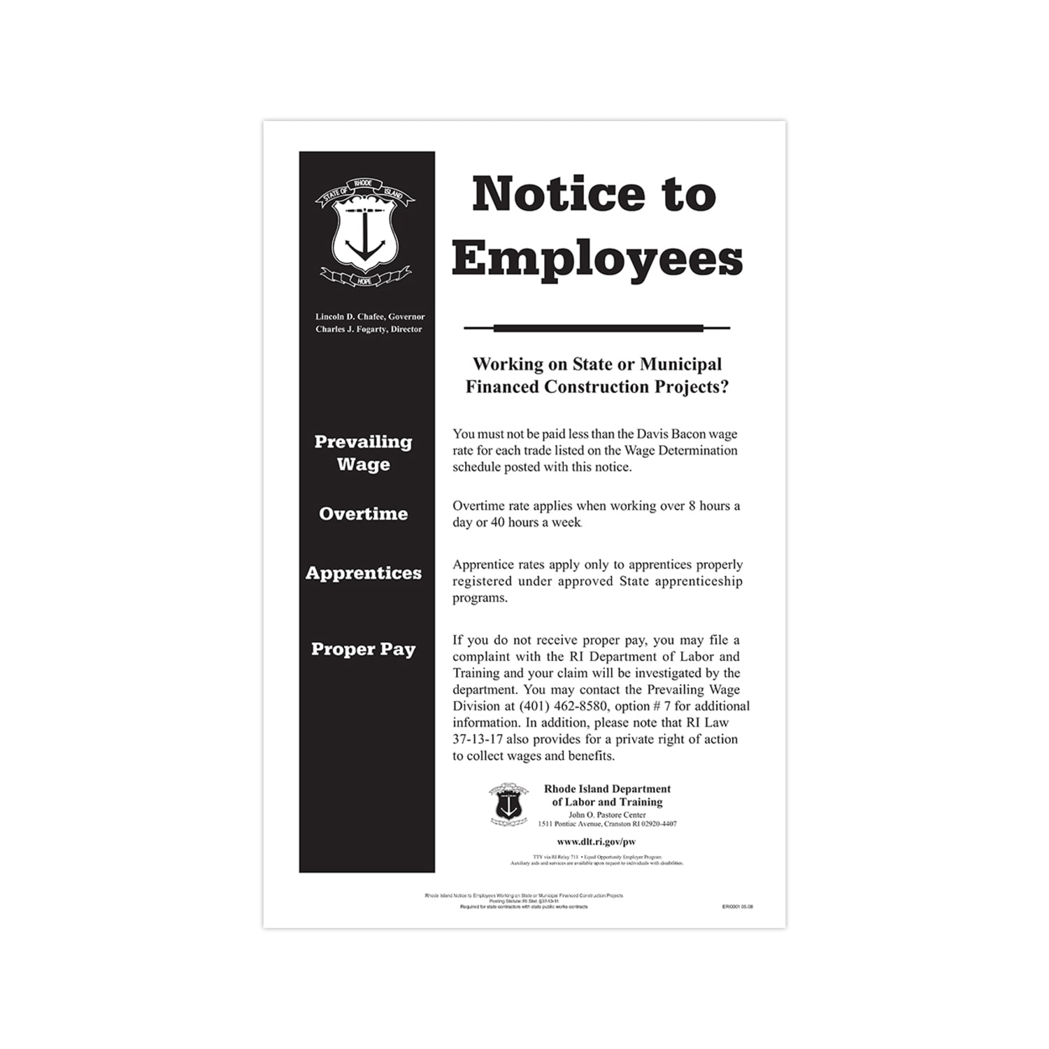 ComplyRight State Specialty Poster, Notice To Employees State Contracts, English, Rhode Island, 11in x 17in