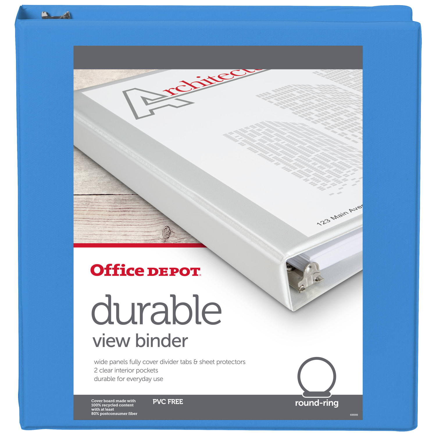 Office Depot 3-Ring Durable View Binder, 1-1/2in Round Rings, 49% Recycled, Sky Blue - Image 3