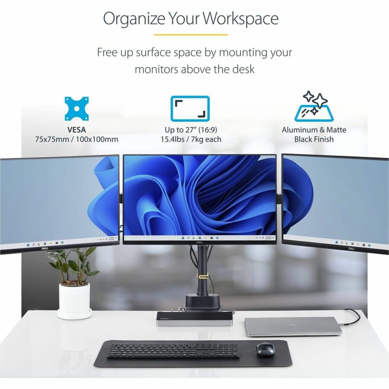 StarTech Desk Mount Triple Monitor Arm For Up To Three 27in Screens, VESA 75x75/100x100, Mechanical Spring Arm, C-Clamp/Grommet - Image 3