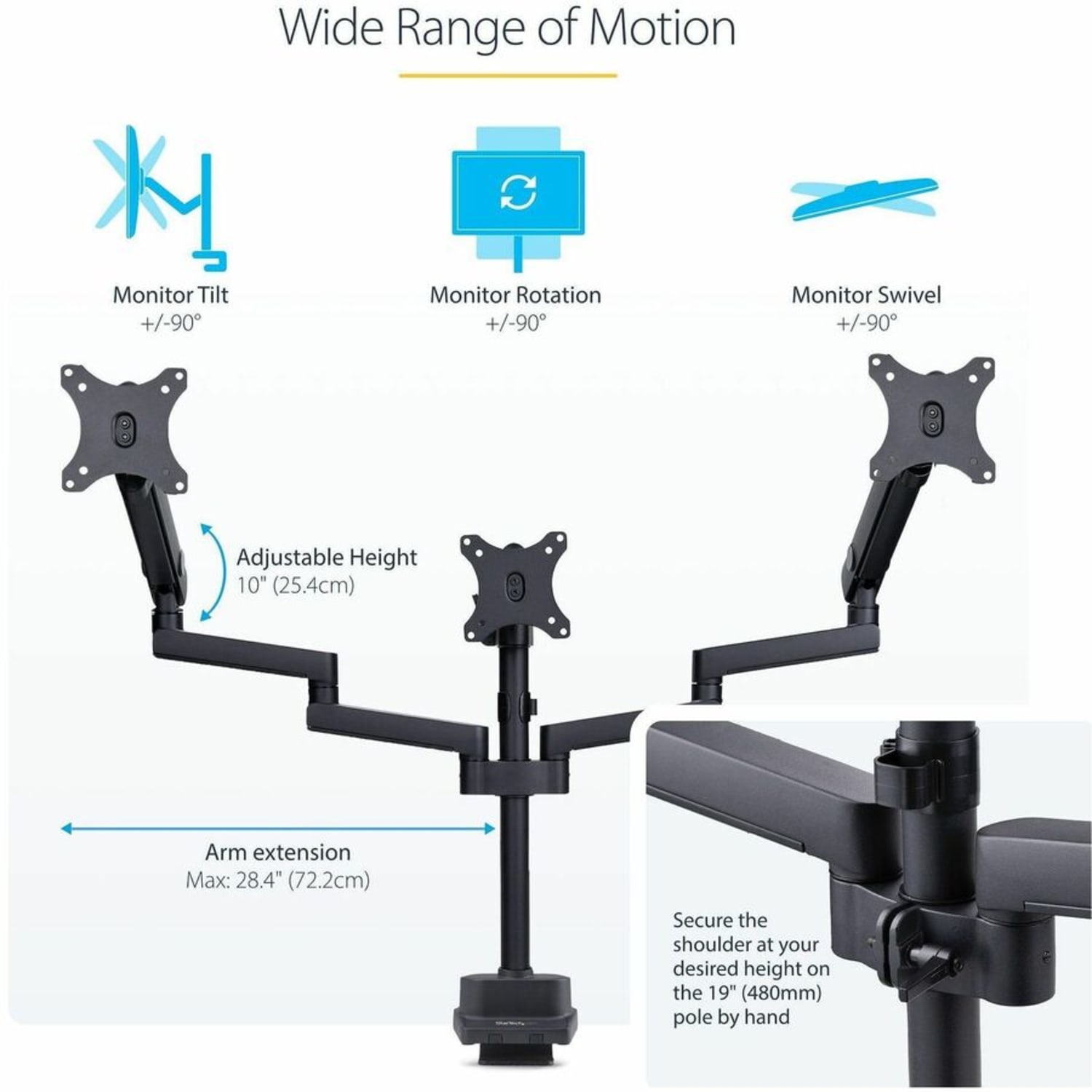 StarTech Desk Mount Triple Monitor Arm For Up To Three 27in Screens, VESA 75x75/100x100, Mechanical Spring Arm, C-Clamp/Grommet - Image 6