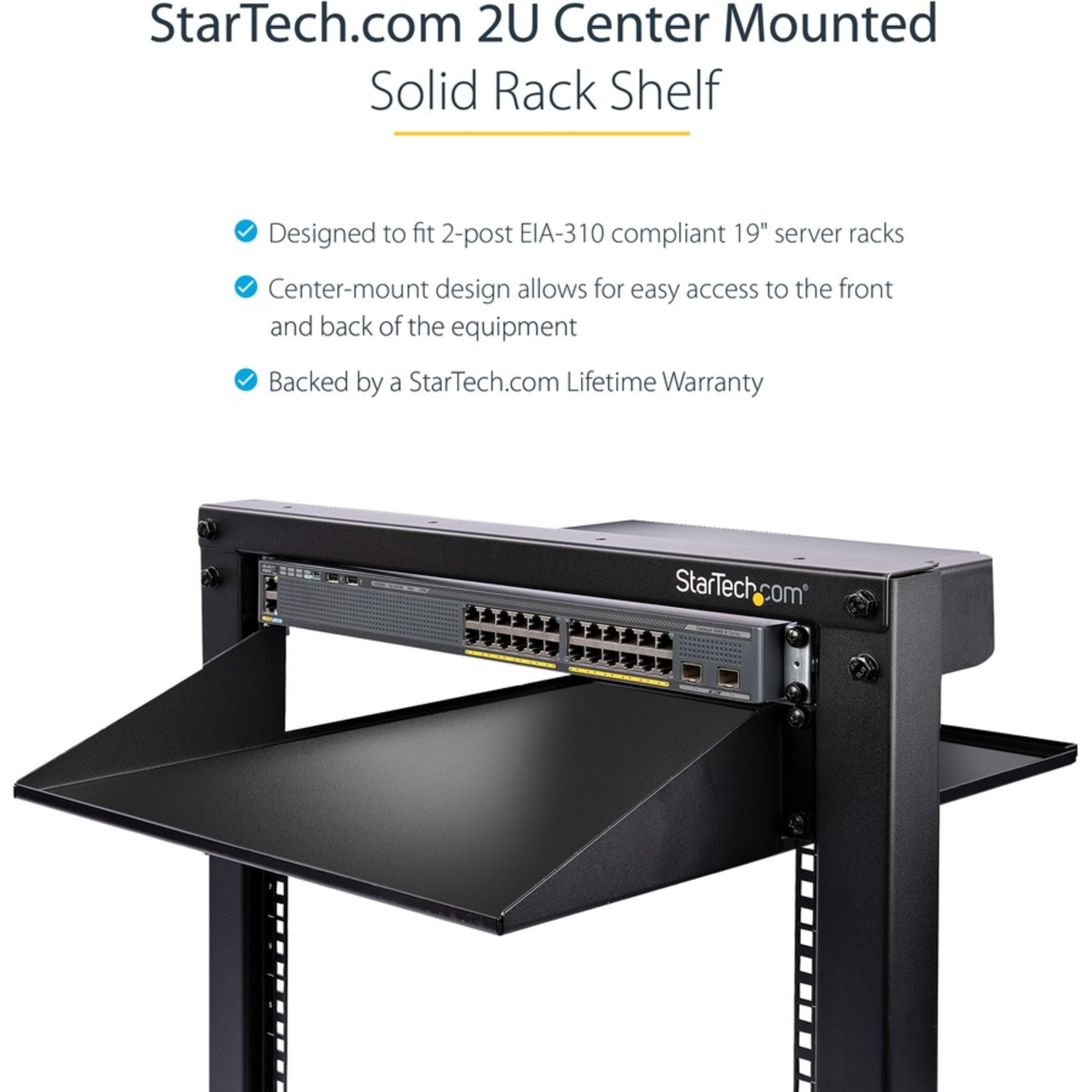 StarTech.comStarTech.com 2 Post Server Rack Shelf - Center Mount - Supports up to 75lbs - 2 Post Network Rack Shelf (CABSHF2POST2) - Image 6