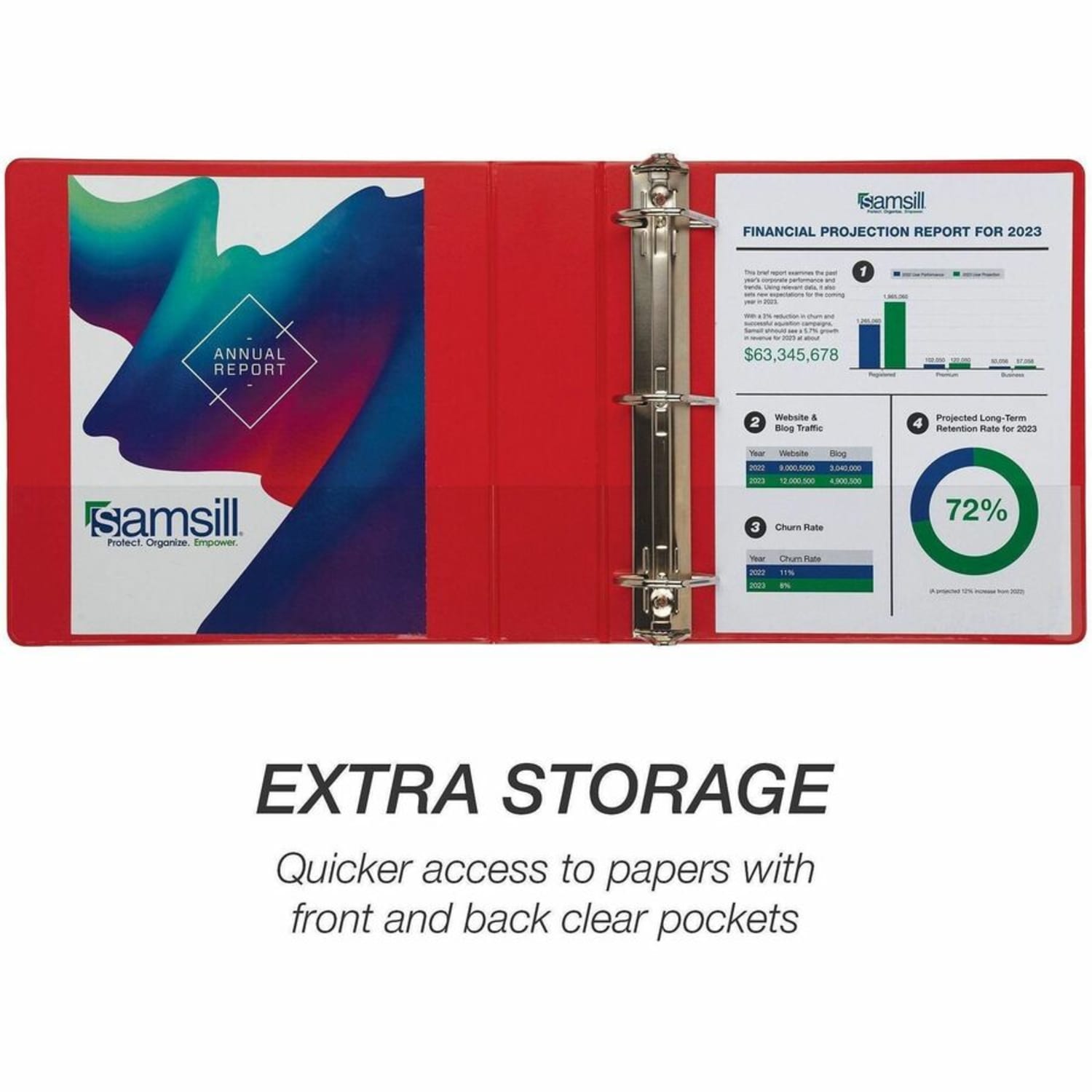 Samsill Durable Three-Ring View Binder - 3in Binder Capacity - 625 Sheet Capacity - Fastener(s): 3 x D-Ring - Pocket(s): 2, Internal - Polypropylene, Chipboard - Red - Recycled - Durable, PVC-free, Ink-transfer Resistant, Clear Overlay, Sturdy - 1 Each - Image 5